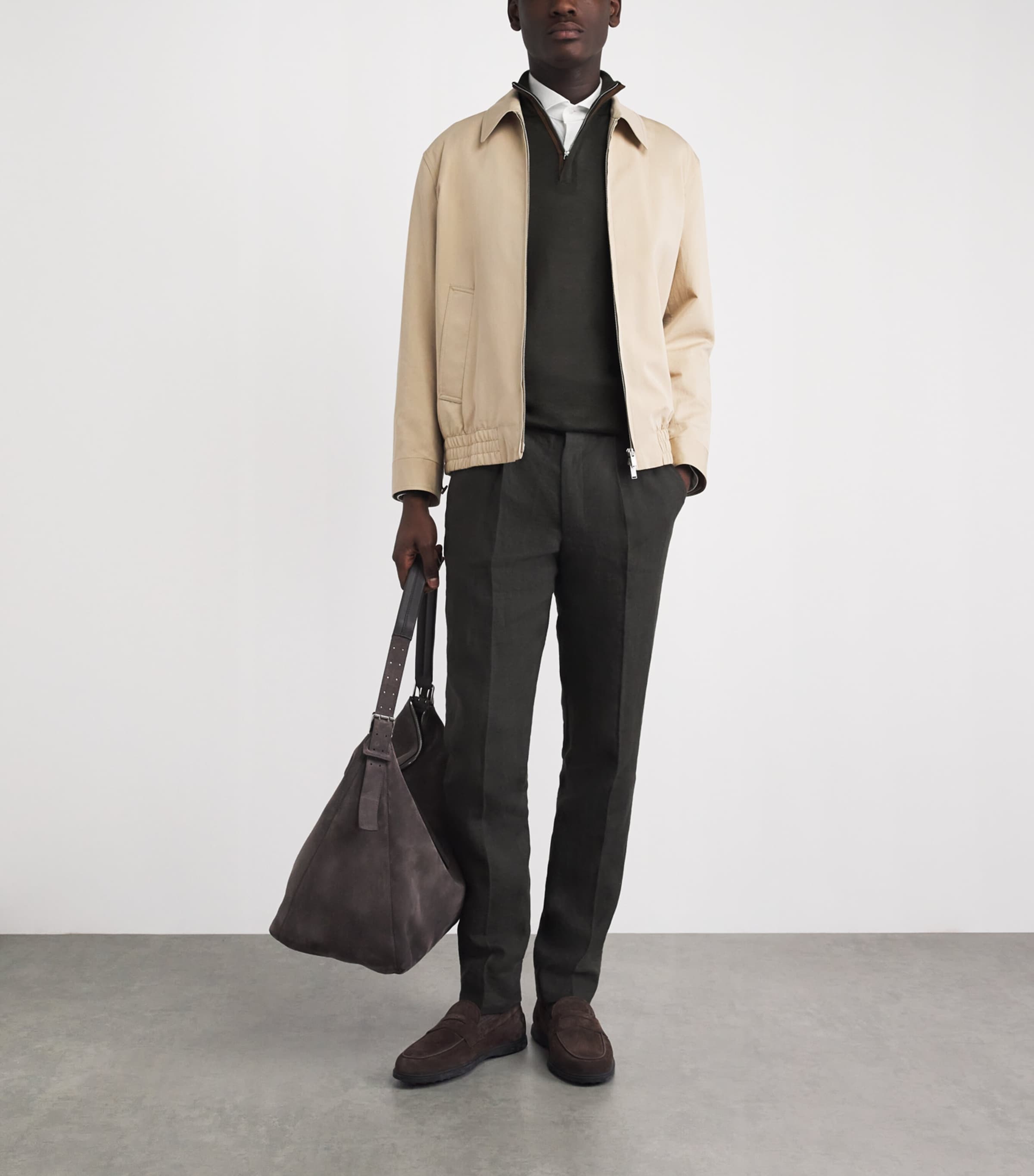 N.Peal Mens Cashmere-Silk Regent Quarter-Zip Sweater Arabica Khaki Image 2