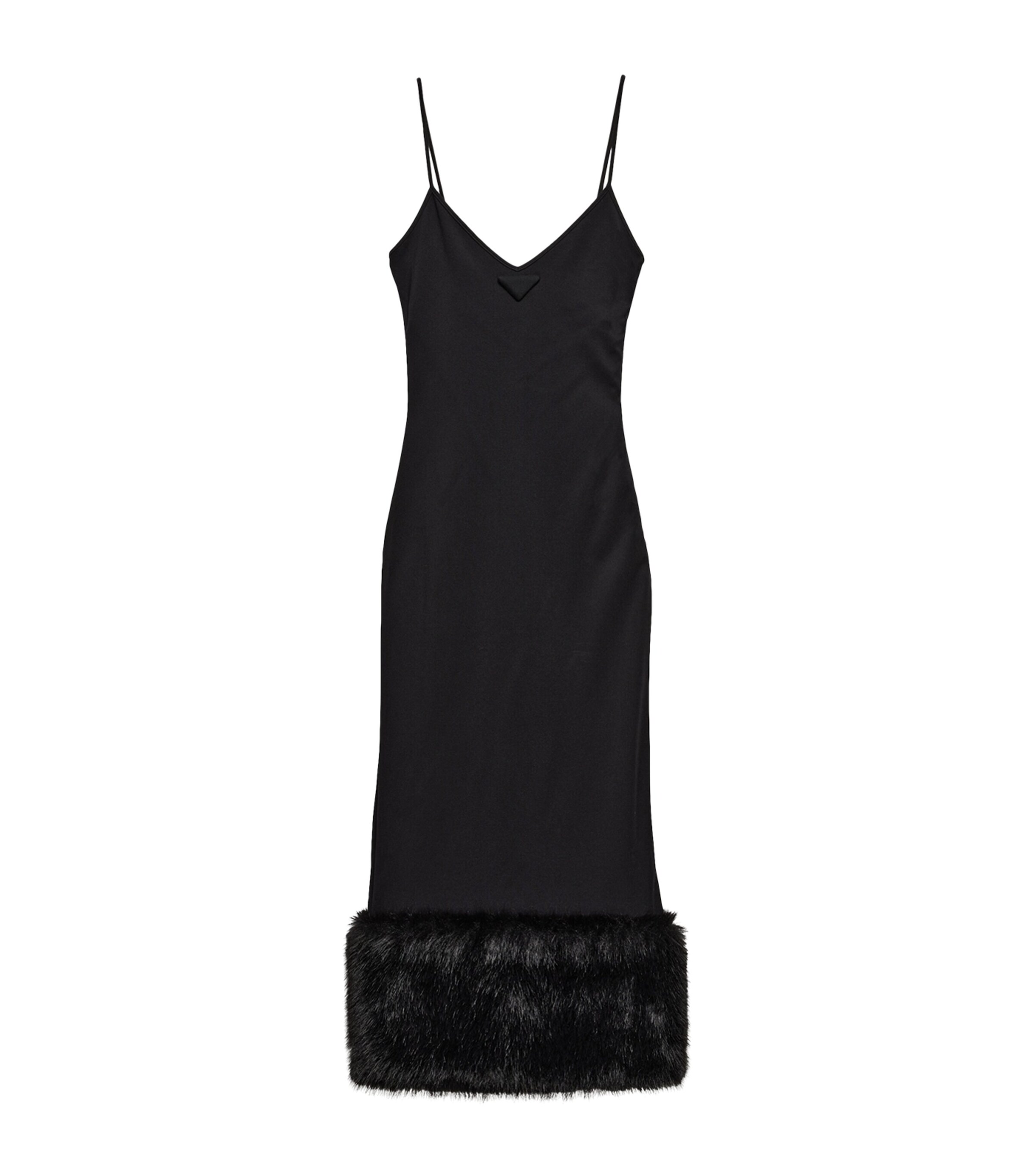 Prada Jersey Dress With Fur Trim And Slit In Black