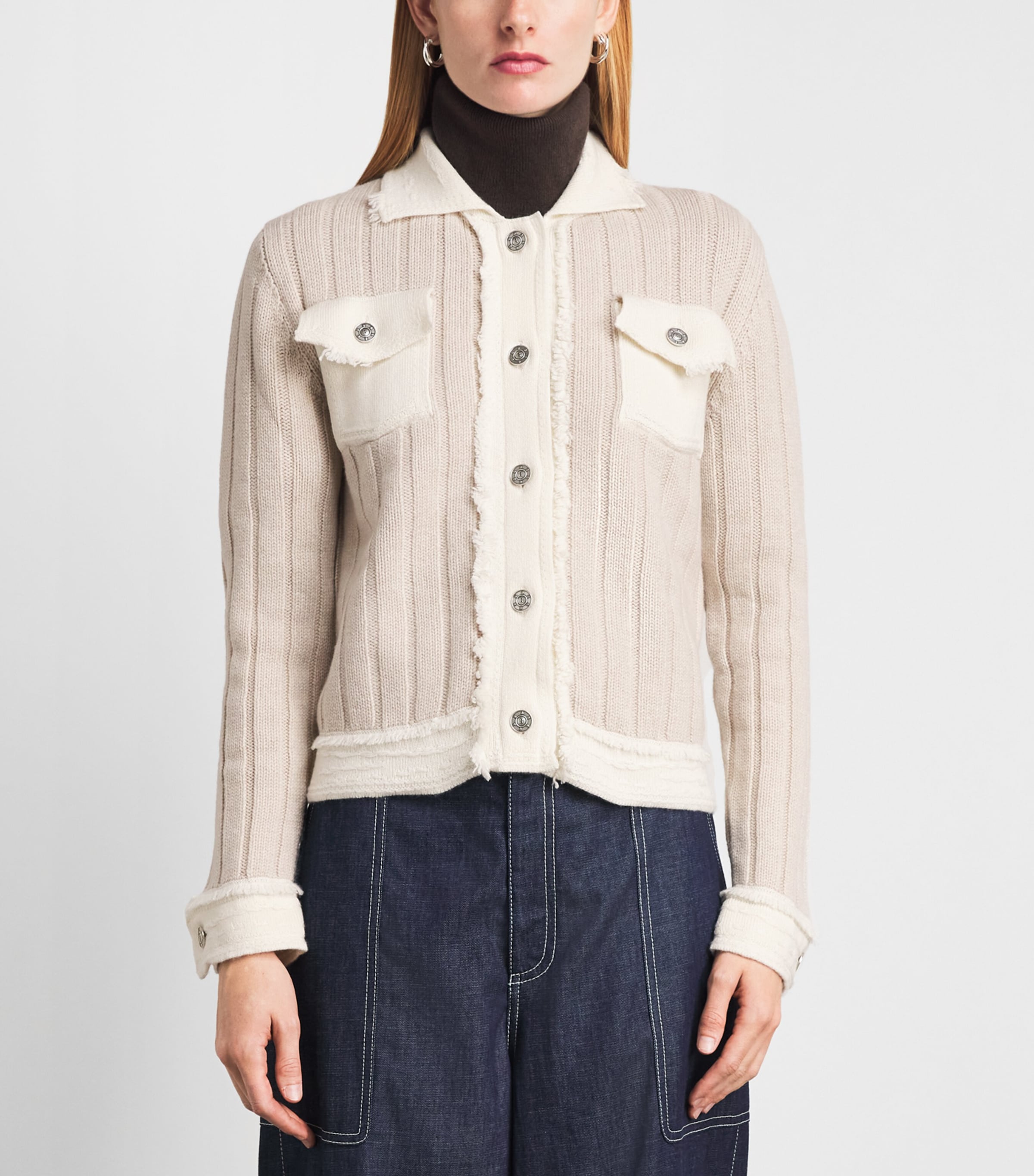 Barrie Womens Cashmere-Wool-Cotton Ribbed Jacket Swansdwn/niveous Image 4