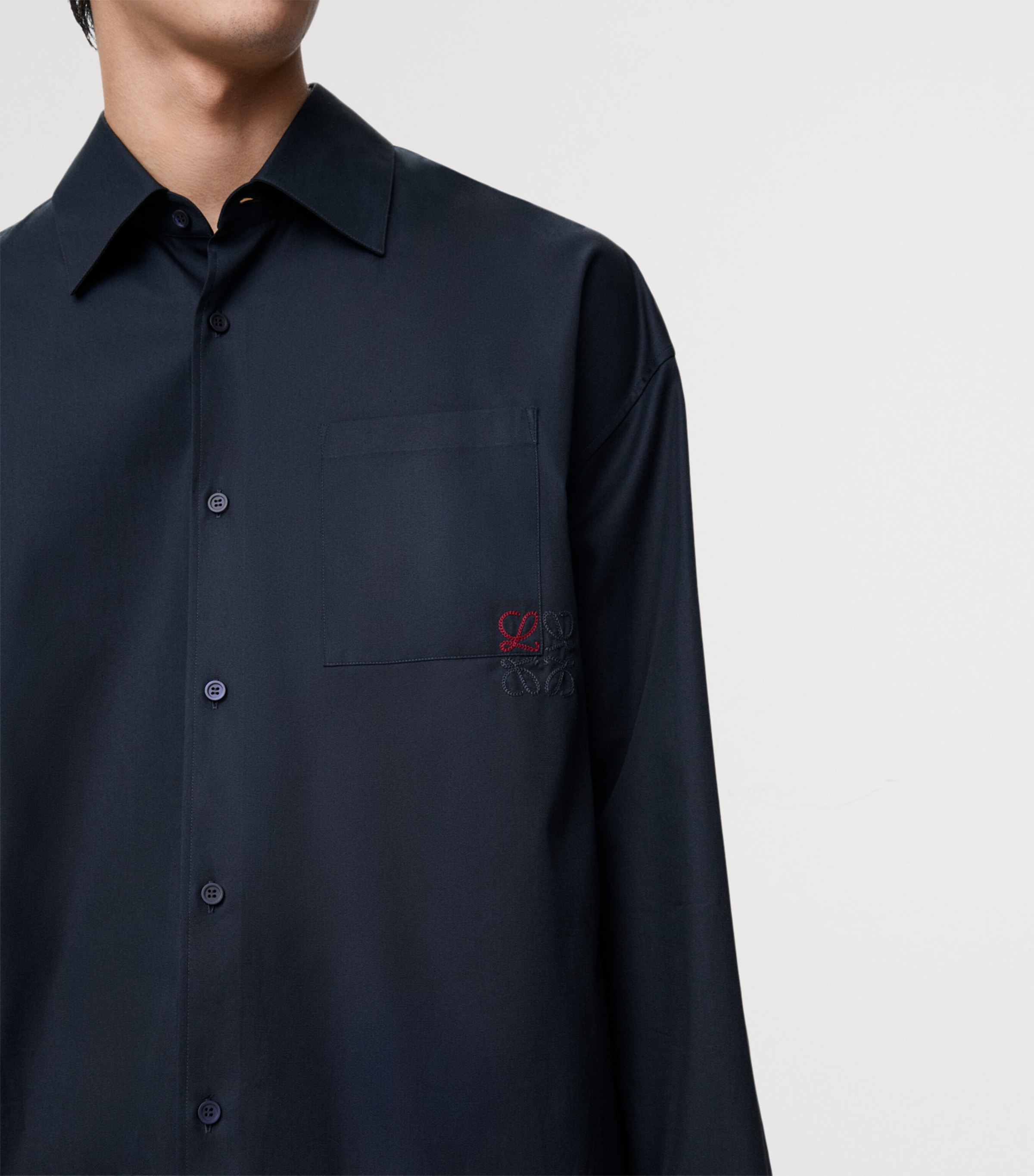 Cotton-Blend Long-Sleeve Anagram Shirt DARK NAVY BLUE Image 5