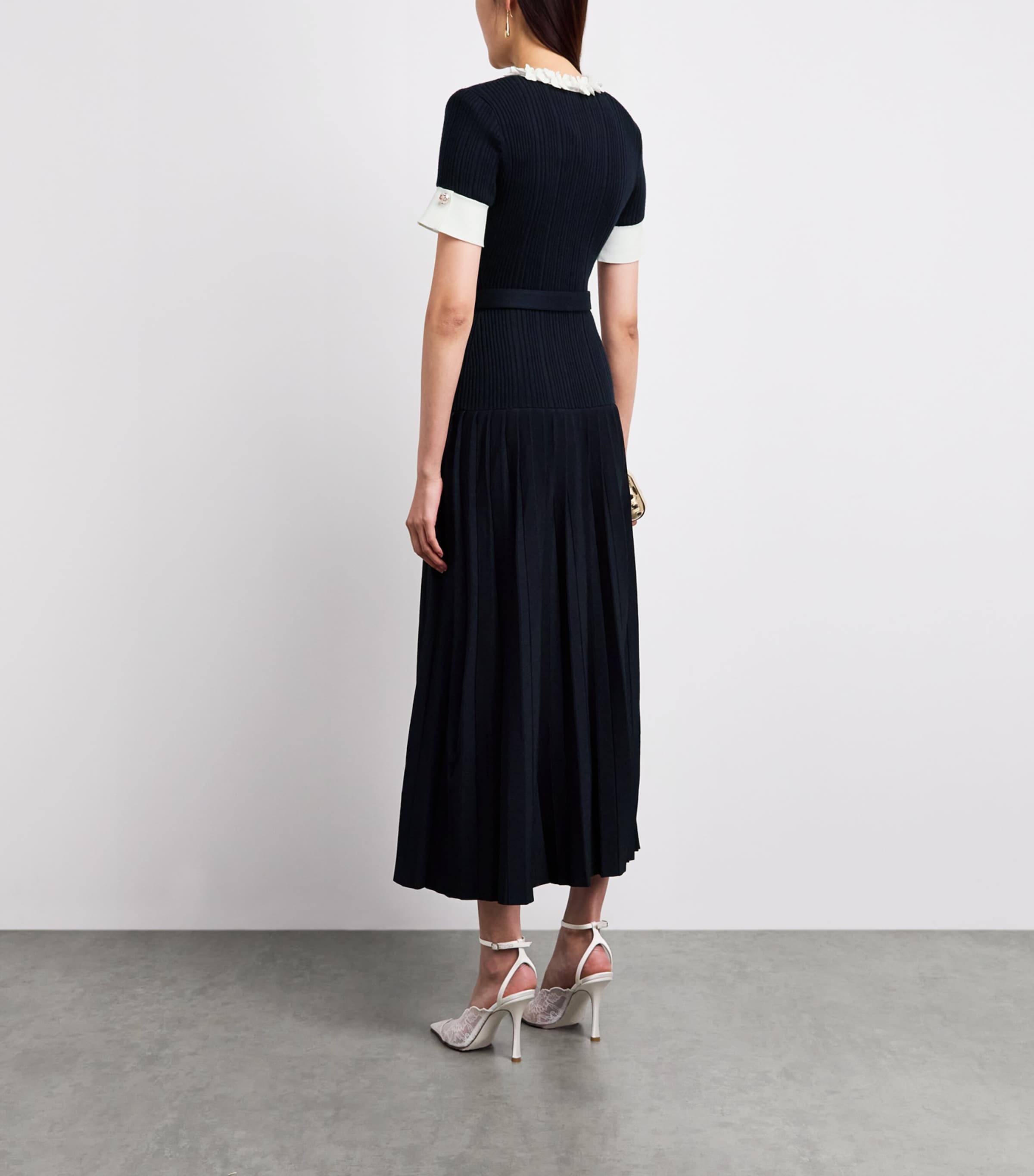 Self-Portrait Womens Ribbed Ruffle-Detail Midi Dress Navy Image 4
