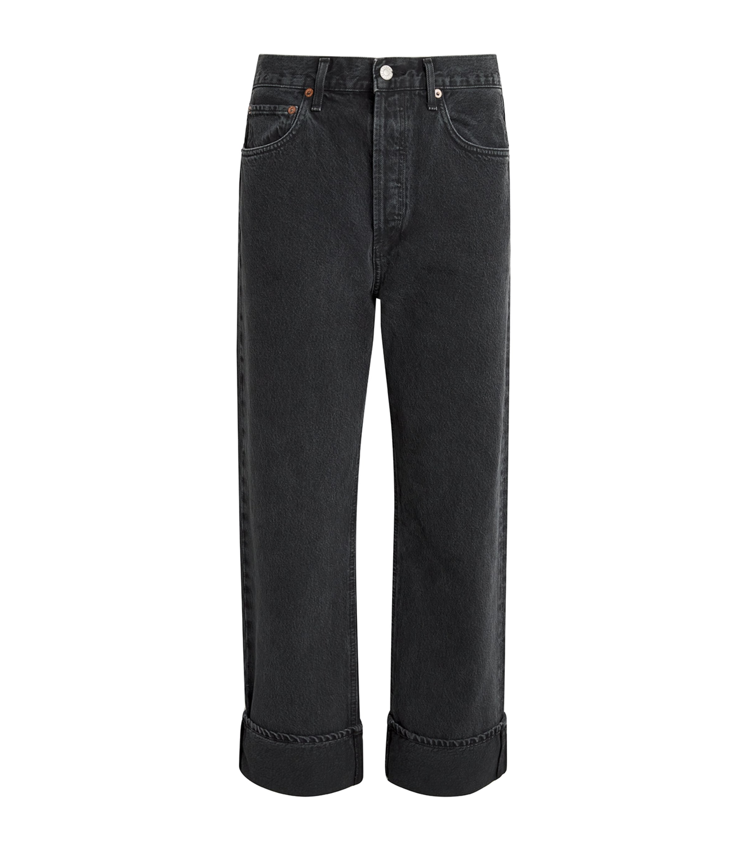 Agolde Fran High Rise Wide Leg Low Slung Cuffed Jeans In Ditch In Black