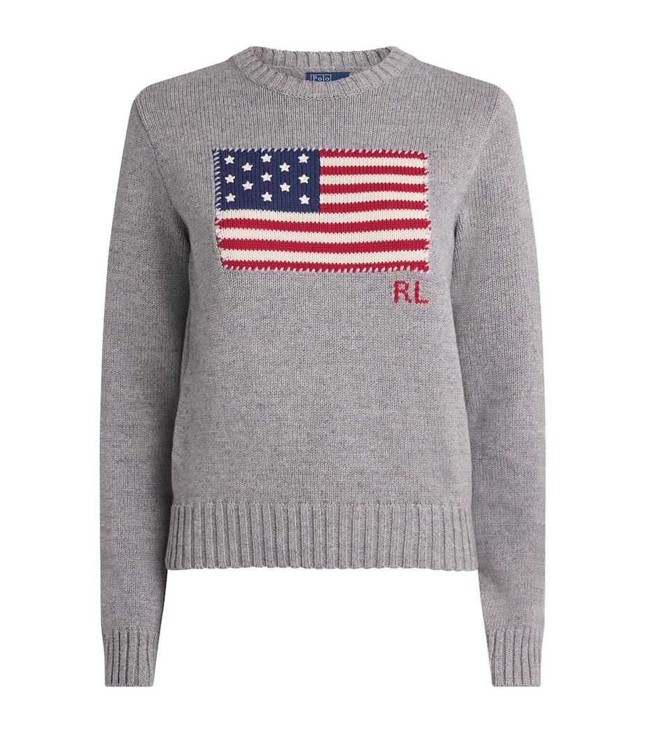 Polo Ralph Lauren Womens Cotton American Flag Sweater Drift Grey Melange Image 1