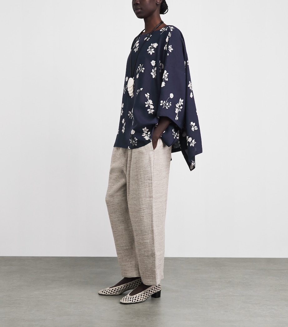 Eskandar Womens Linen Floral Boat-Neck Blouse Navy Image 2