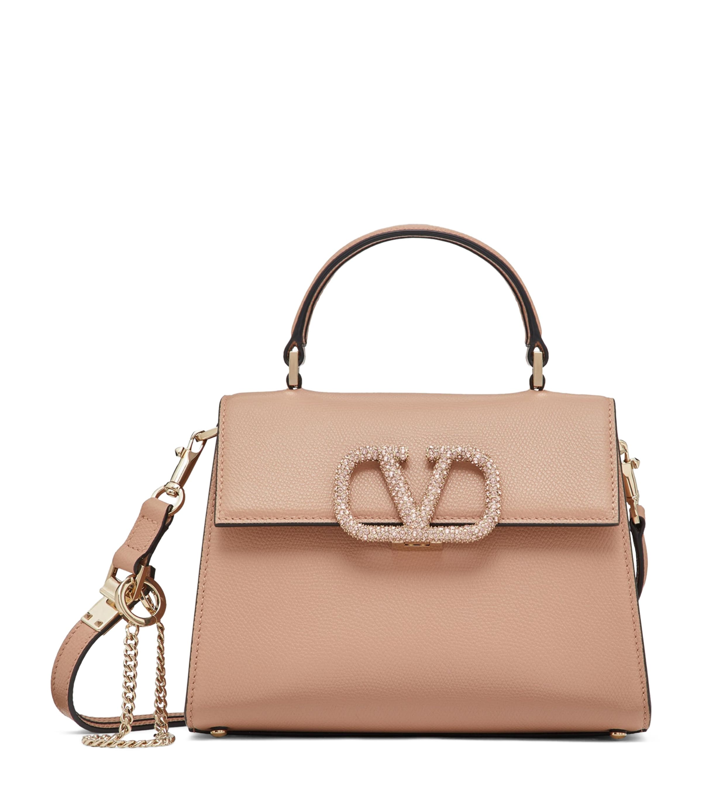 Valentino Garavani Small Calf Leather Embellished Vsling Top-handle Bag In Beige