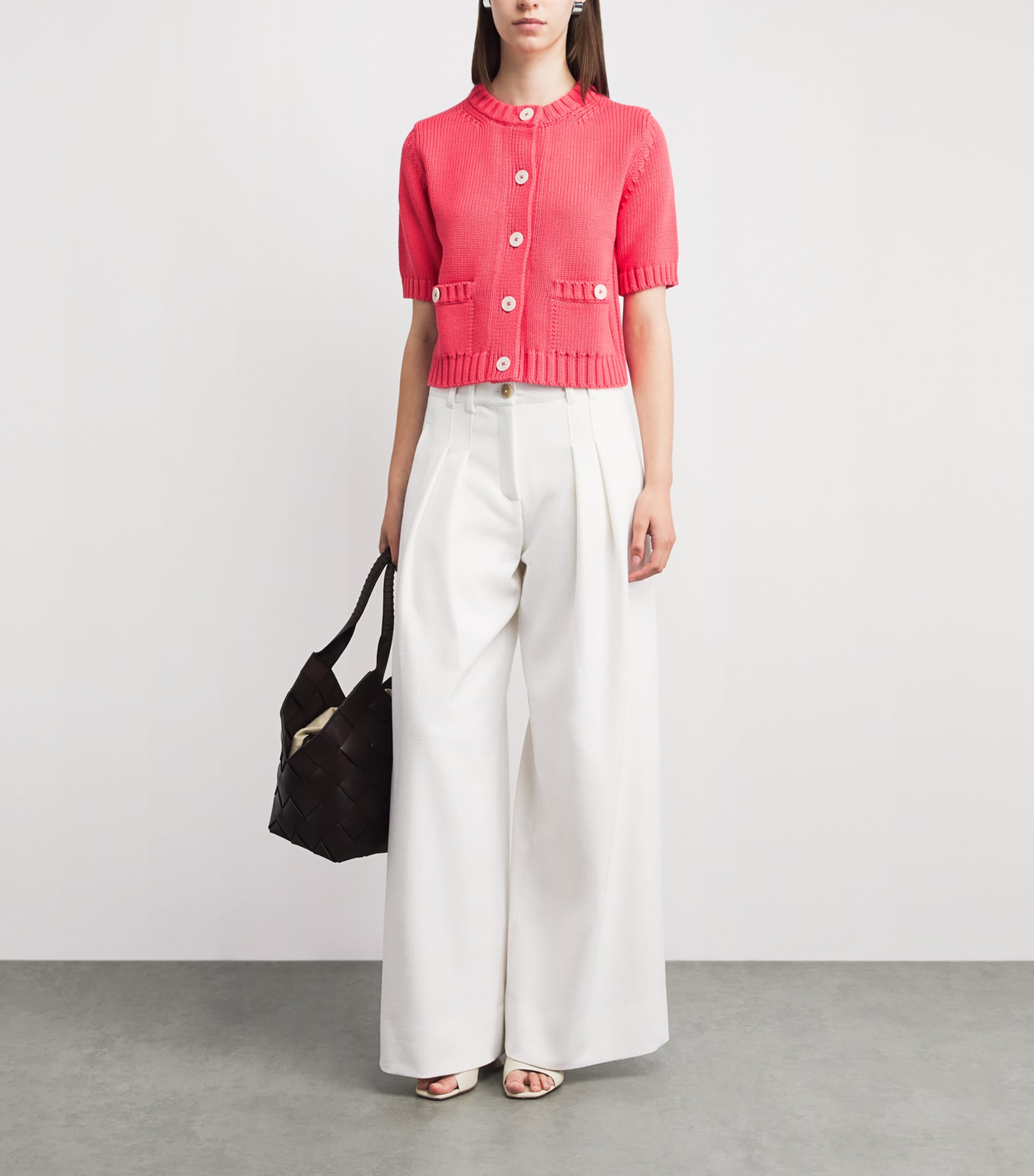 ME+EM Womens Organic Cotton Cropped Short-Sleeve Cardigan Candy Coral Image 2