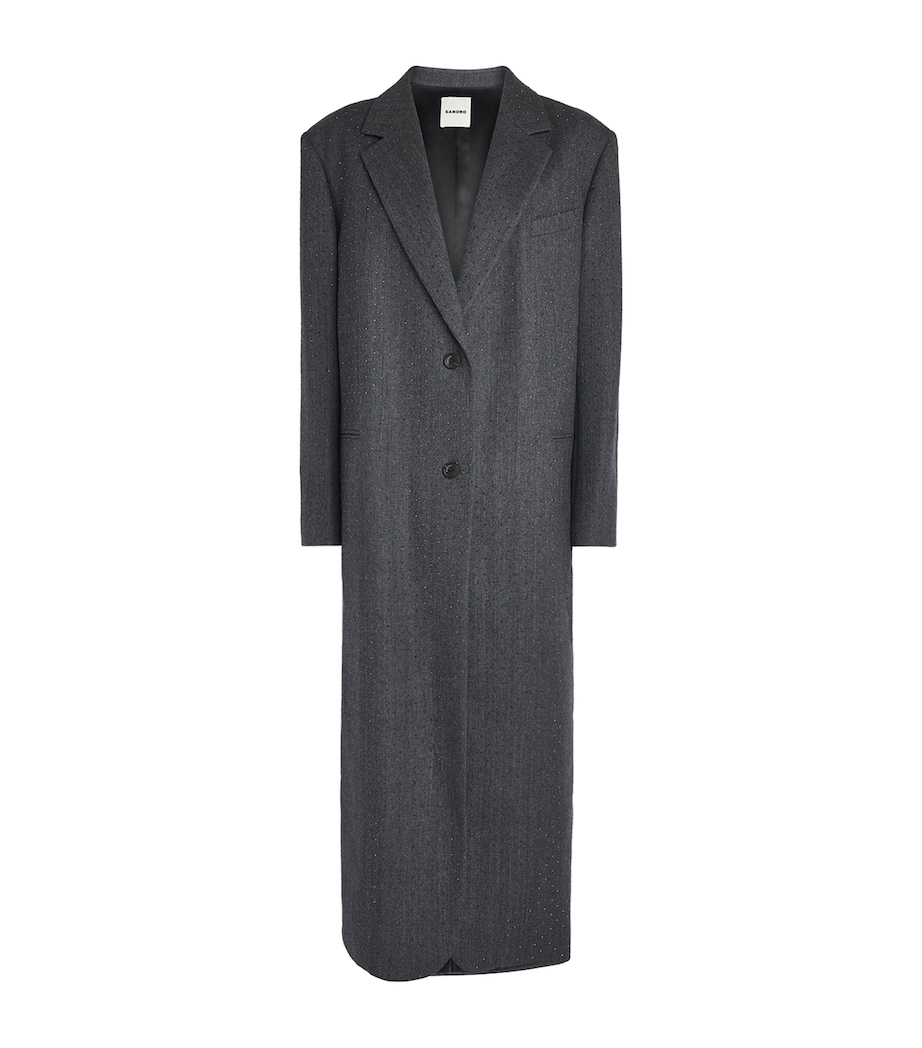 Sandro Paris Womens Wool Rhinestone Long Coat Dark Grey Image 1