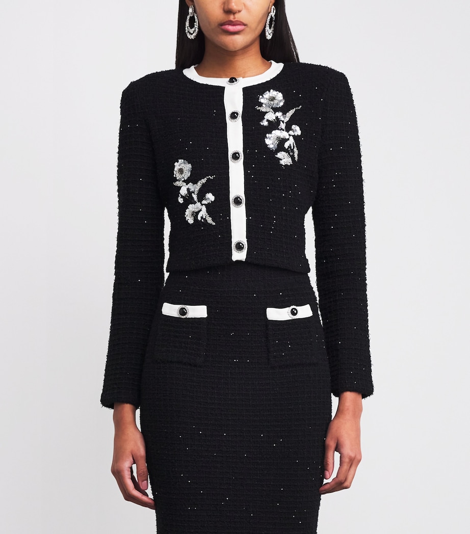 Textured-Knit Embellished Floral Jacket BLACK Image 3