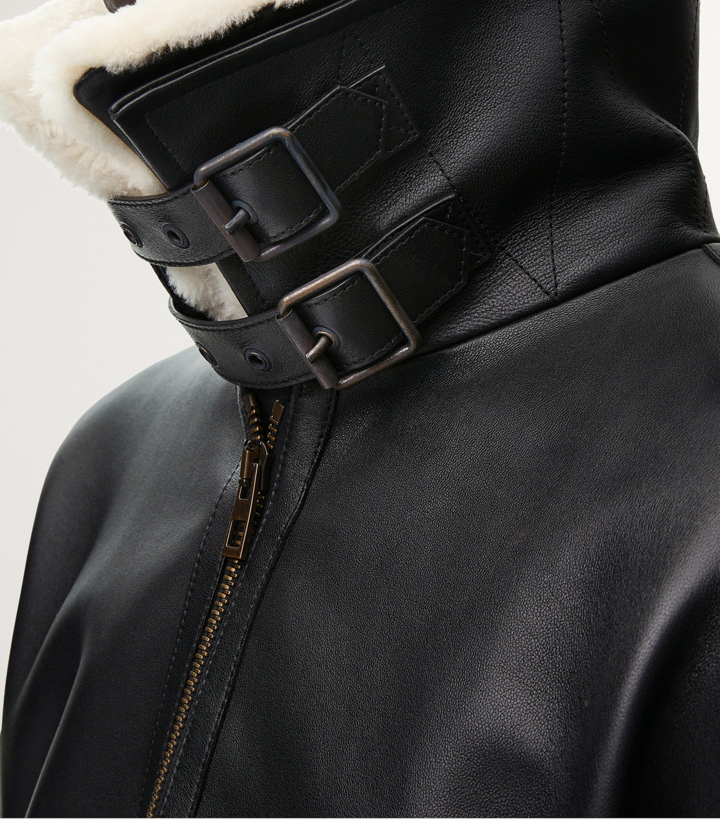 Leather Shearling-Collar Aviator Jacket BLACK Image 6