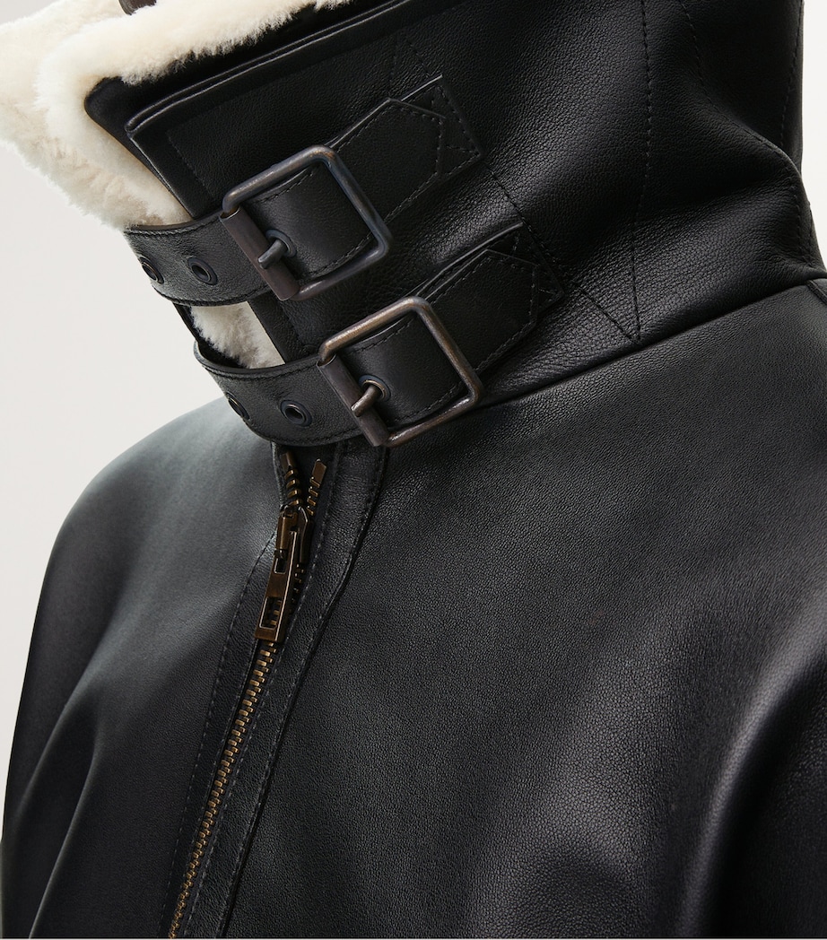 Leather Shearling-Collar Aviator Jacket BLACK Image 6