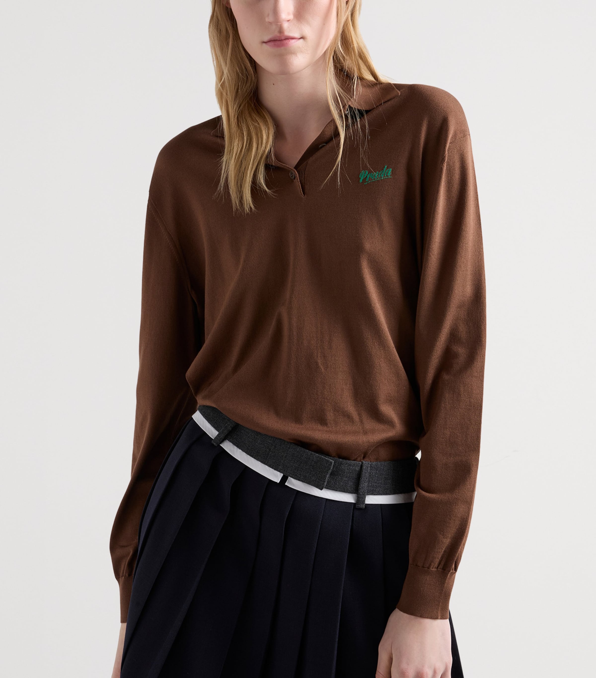 Prada Womens Silk-Blend Long-Sleeve Polo Shirt Image 3