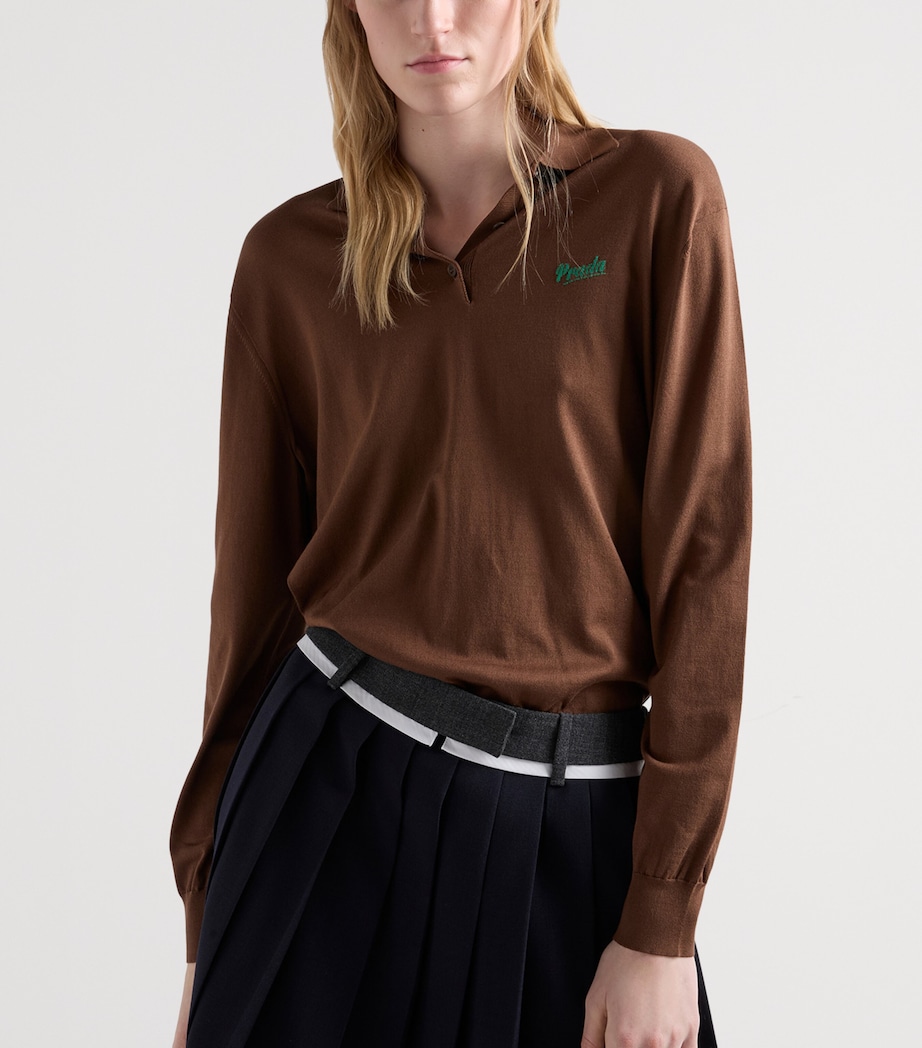 Prada Womens Silk-Blend Long-Sleeve Polo Shirt Image 3