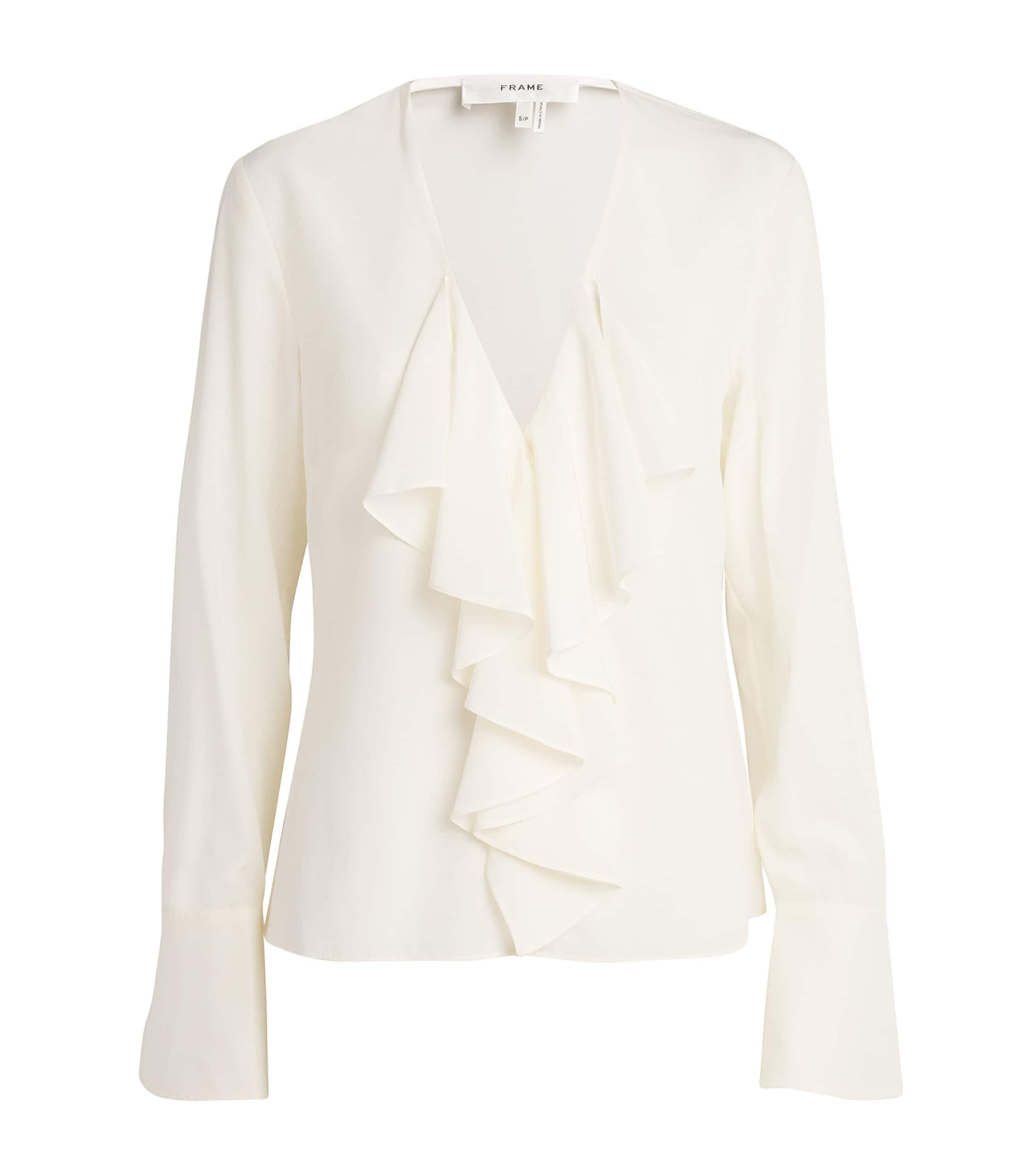 Frame Ruffle Front Long Sleeve Silk Top In Ivory
