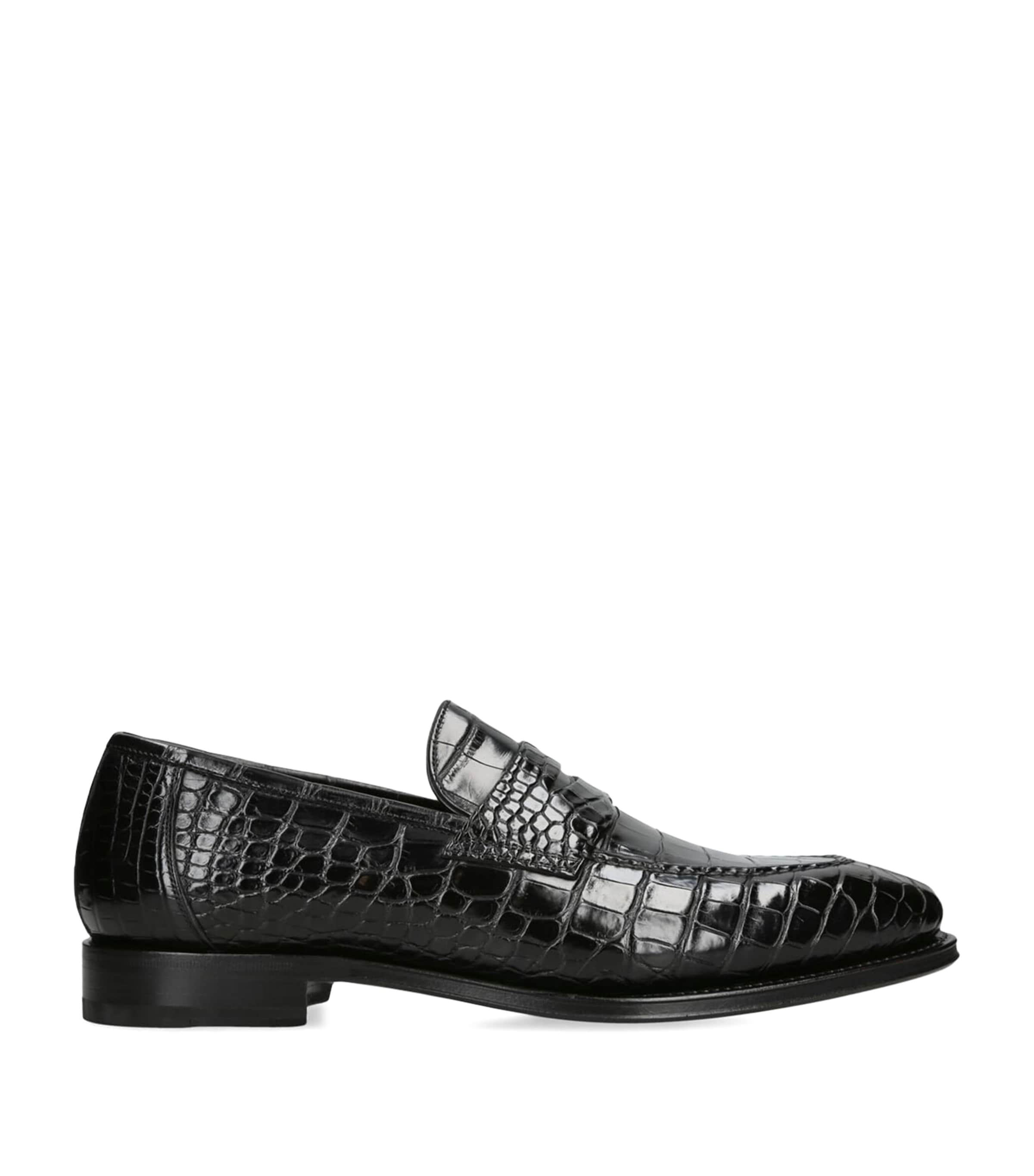 Santoni Crocodile Skin Duke Penny Loafers In Black