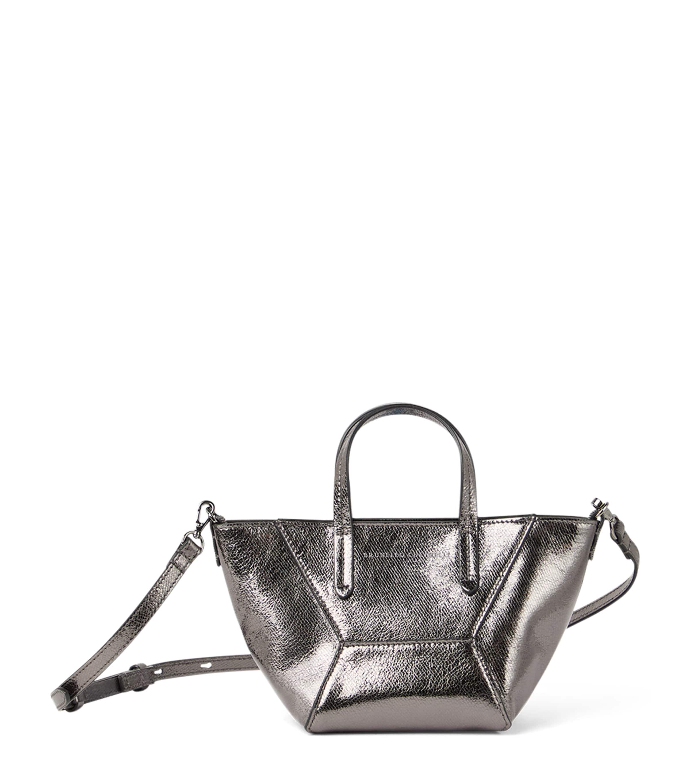 Brunello Cucinelli Mini Lamé Calfskin Bc Duo Top-handle Bag In Black