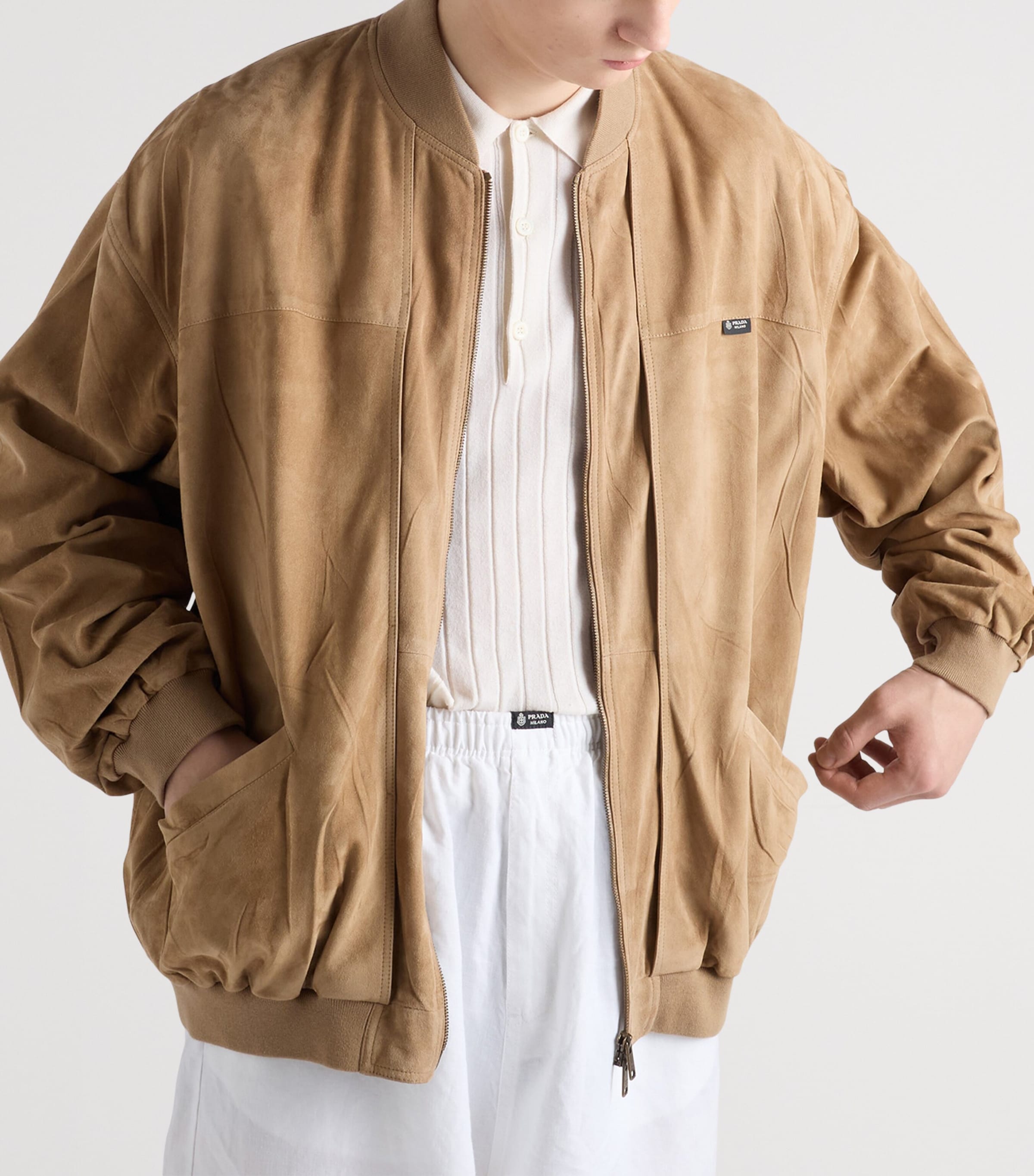 Prada Mens Suede Bomber Jacket Neutral Image 6