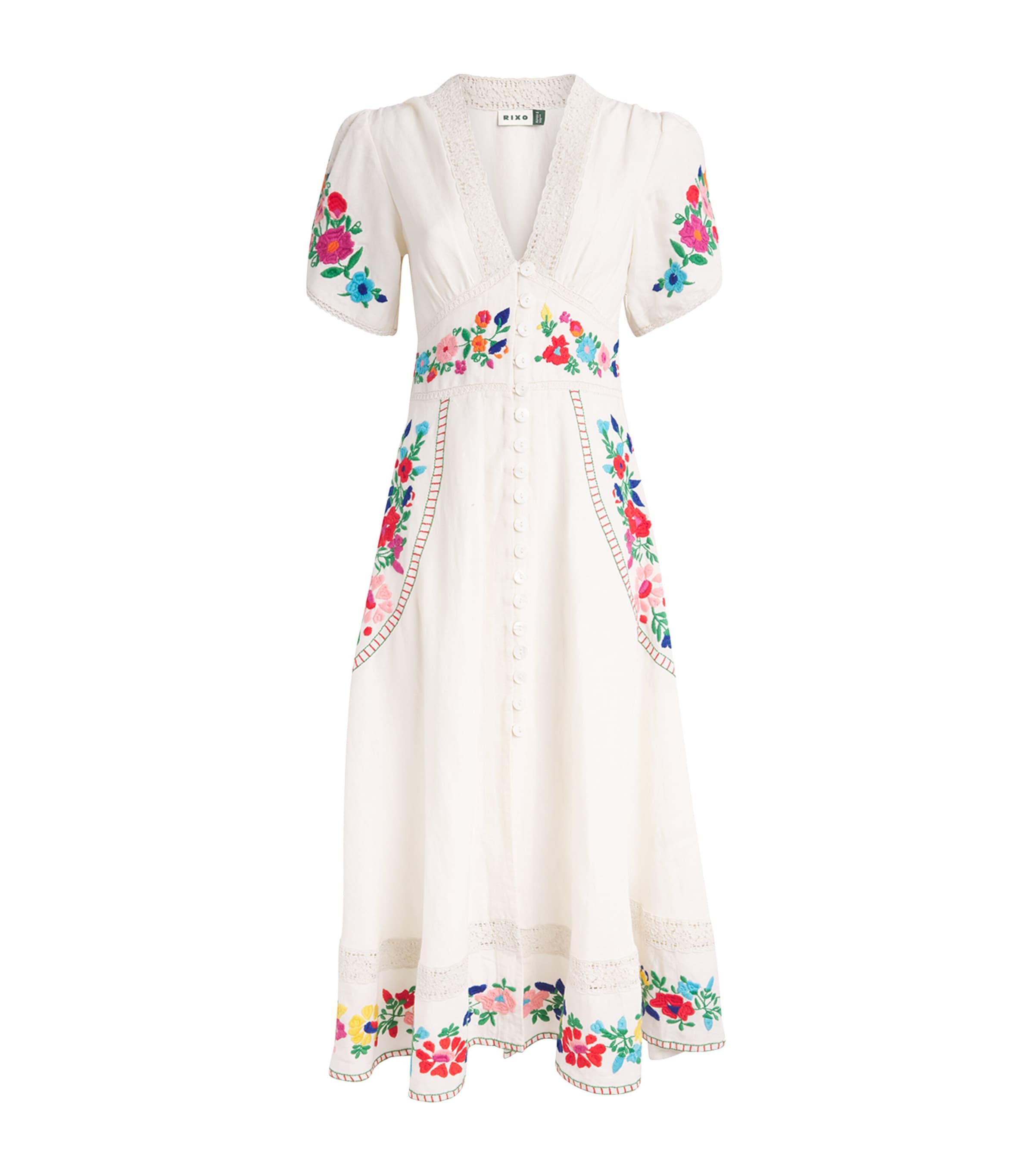 Rixo Ivory Linen-Blend Embroidered Novara Midi Dress | Harrods US