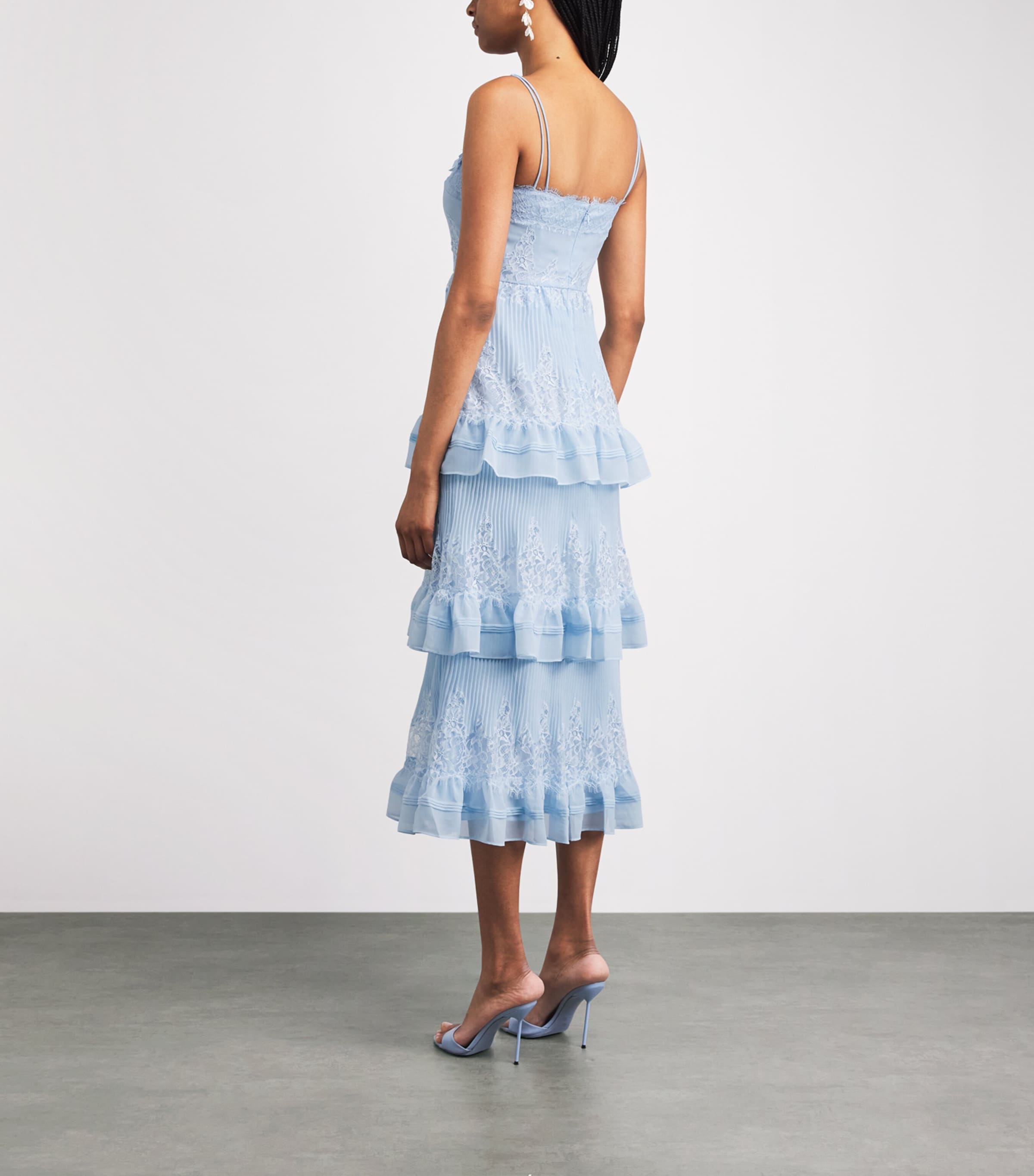 self portrait chiffon lace tiered midi dress SELF-PORTRAIT BANGKOK | CHIFFON LACE TIERED MIDI DRESS baby blue midi dress,  featuring ruffled tiers, delicate spaghetti straps and lace trims