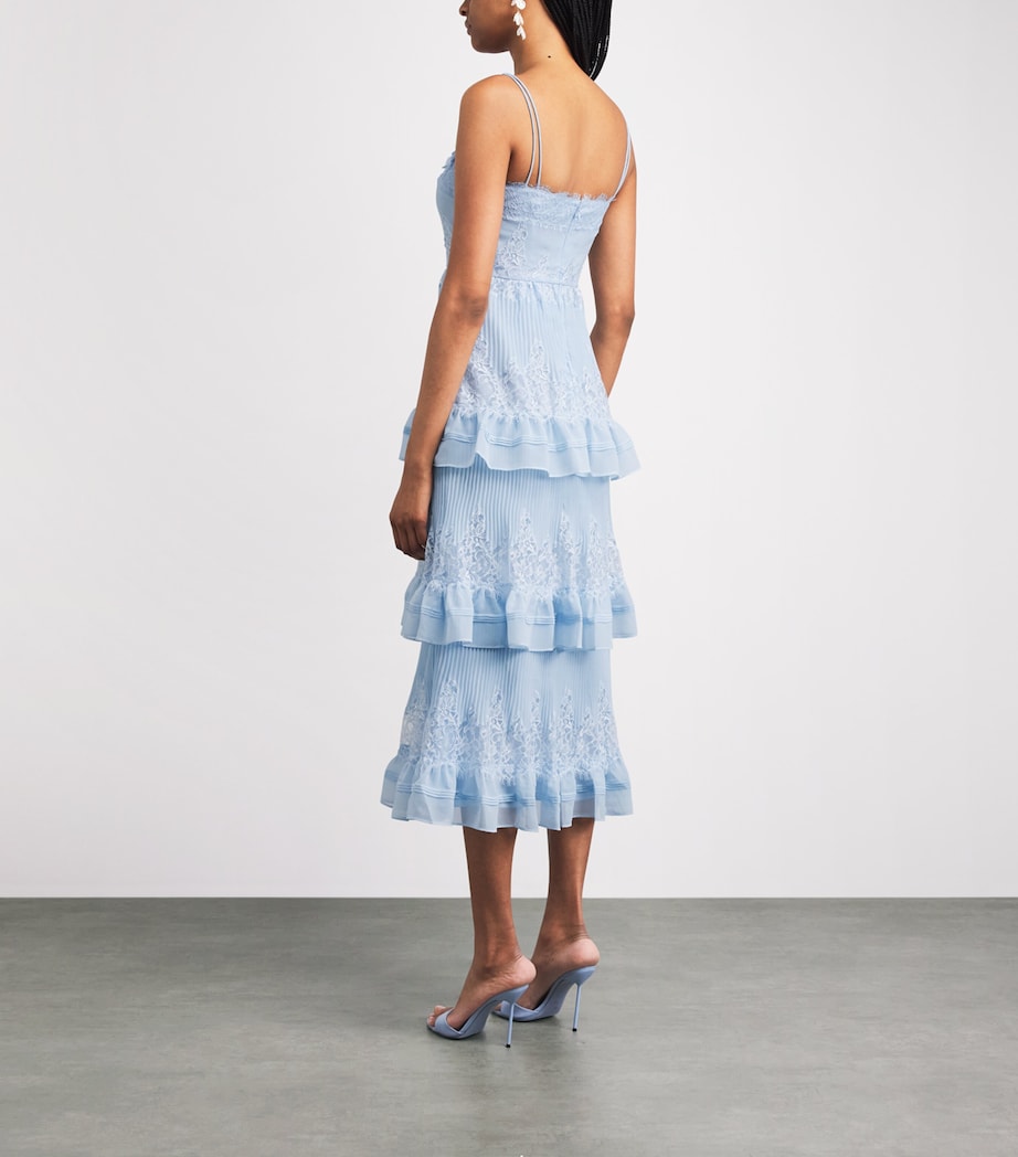 self portrait chiffon lace tiered midi dress SELF-PORTRAIT BANGKOK | CHIFFON LACE TIERED MIDI DRESS baby blue midi dress, featuring ruffled tiers, delicate spaghetti straps and lace trims