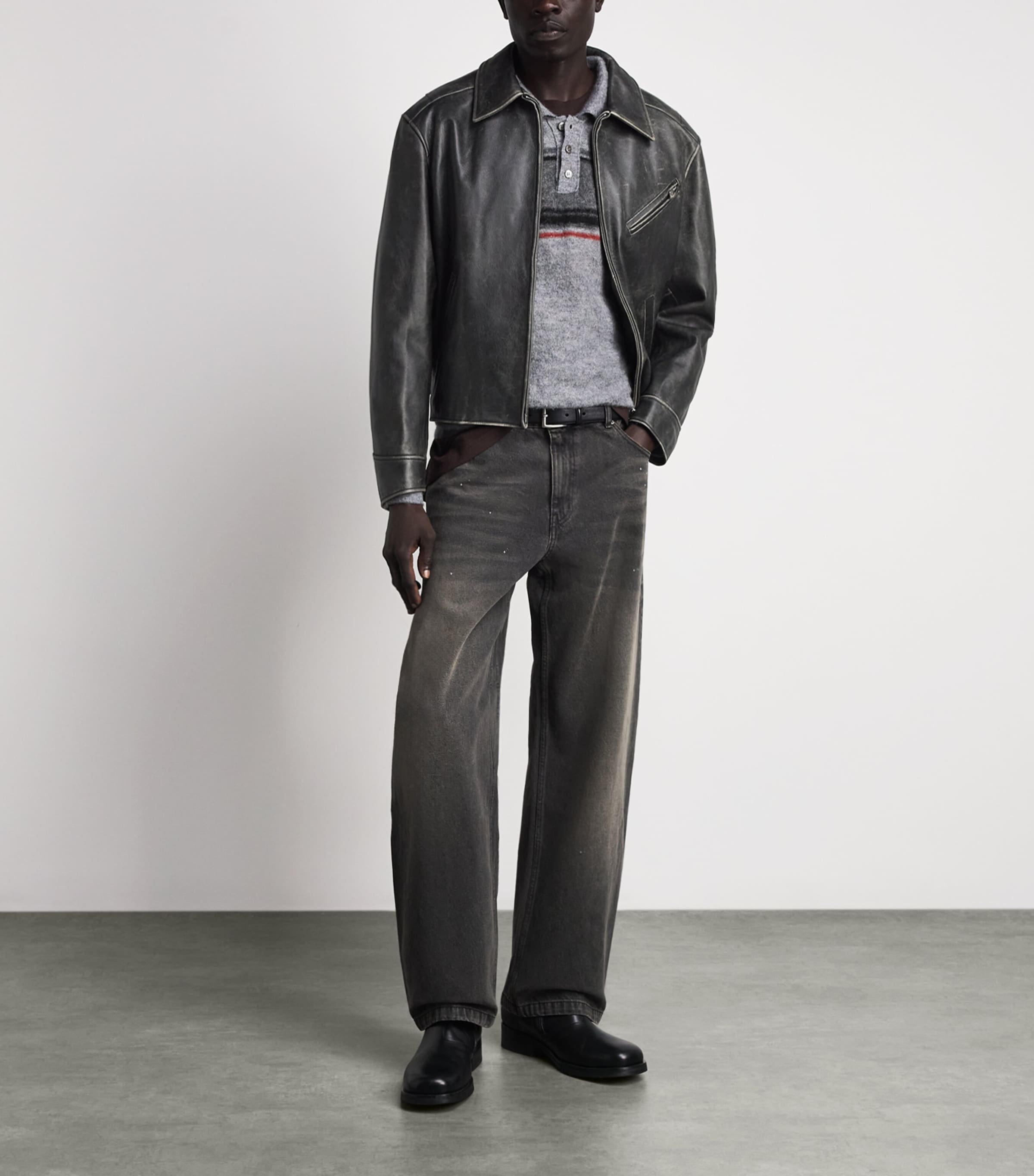 Coor Mens Washed-Leather Bomber Jacket Washed Black Image 2