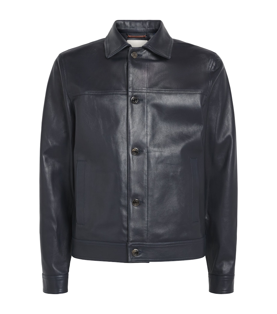 JACOB COHËN Mens Leather Trucker Jacket Navy Blue Image 1