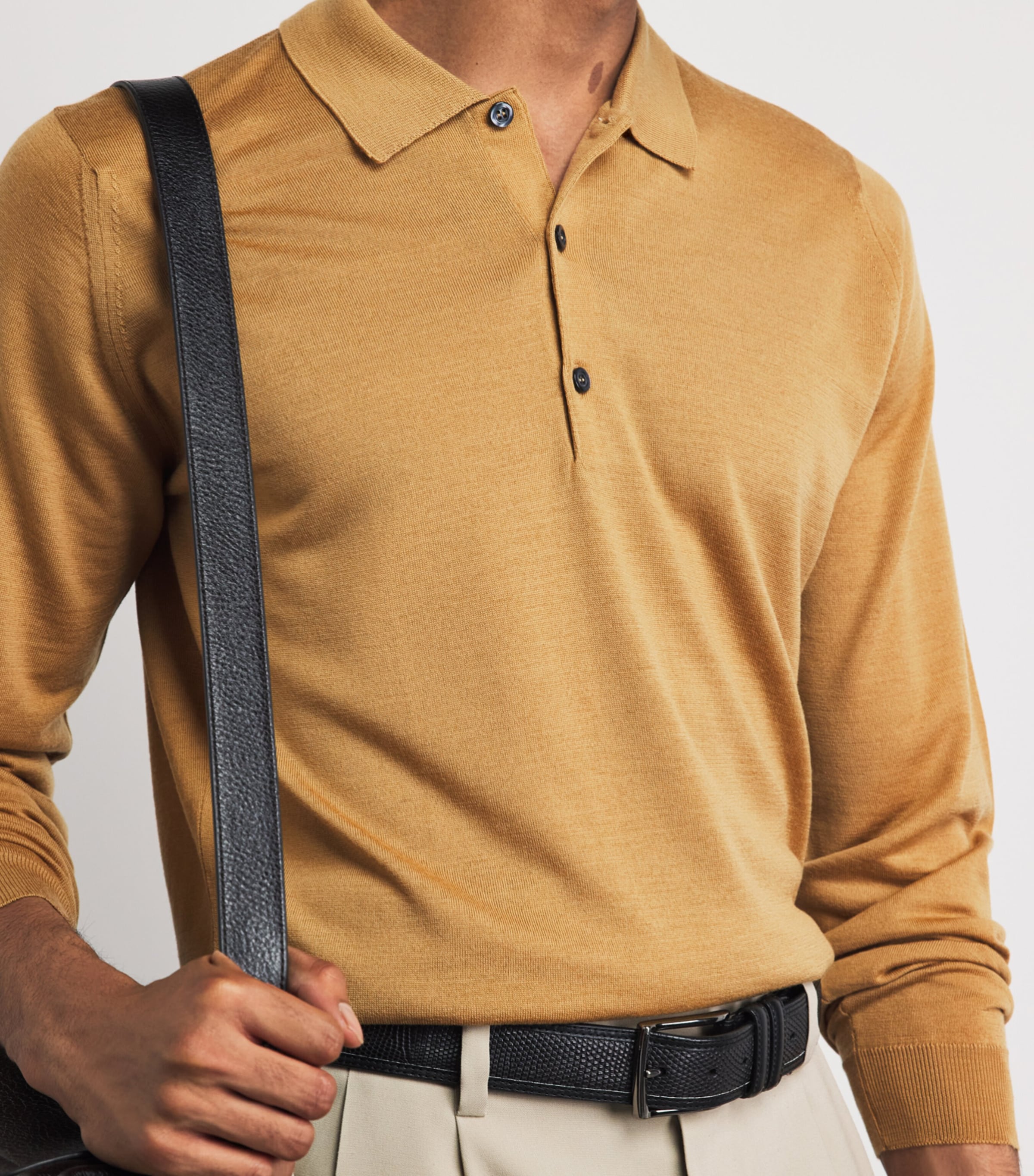 John Smedley Mens Merino Wool Long-Sleeve Polo Shirt Yellow Lustre Image 3