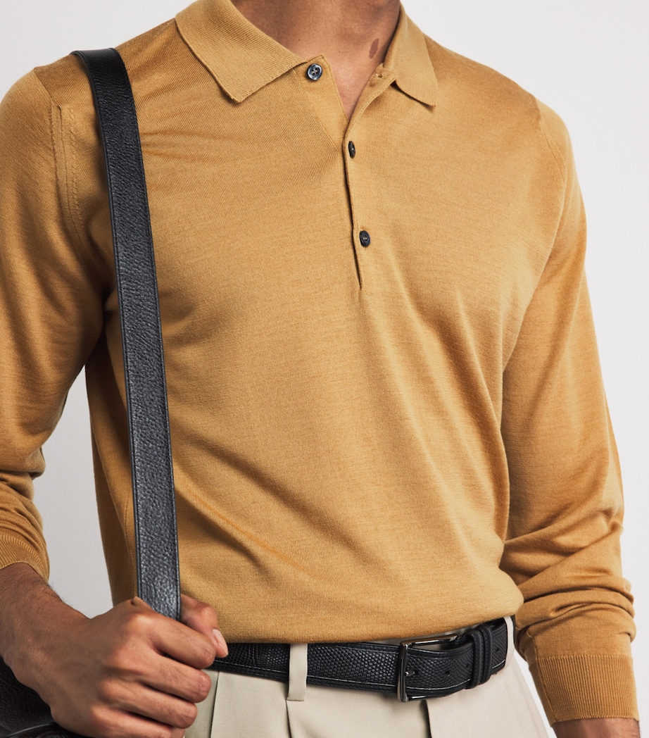 John Smedley Mens Merino Wool Long-Sleeve Polo Shirt Yellow Lustre Image 3