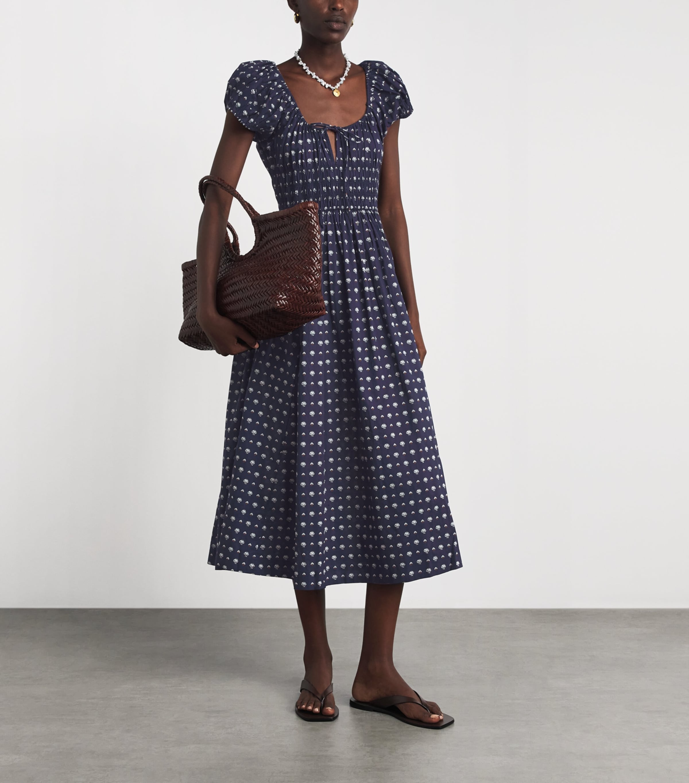 DÔEN Womens Organic Cotton Quinn Midi Dress Bleu Foulard La Mer Image 2