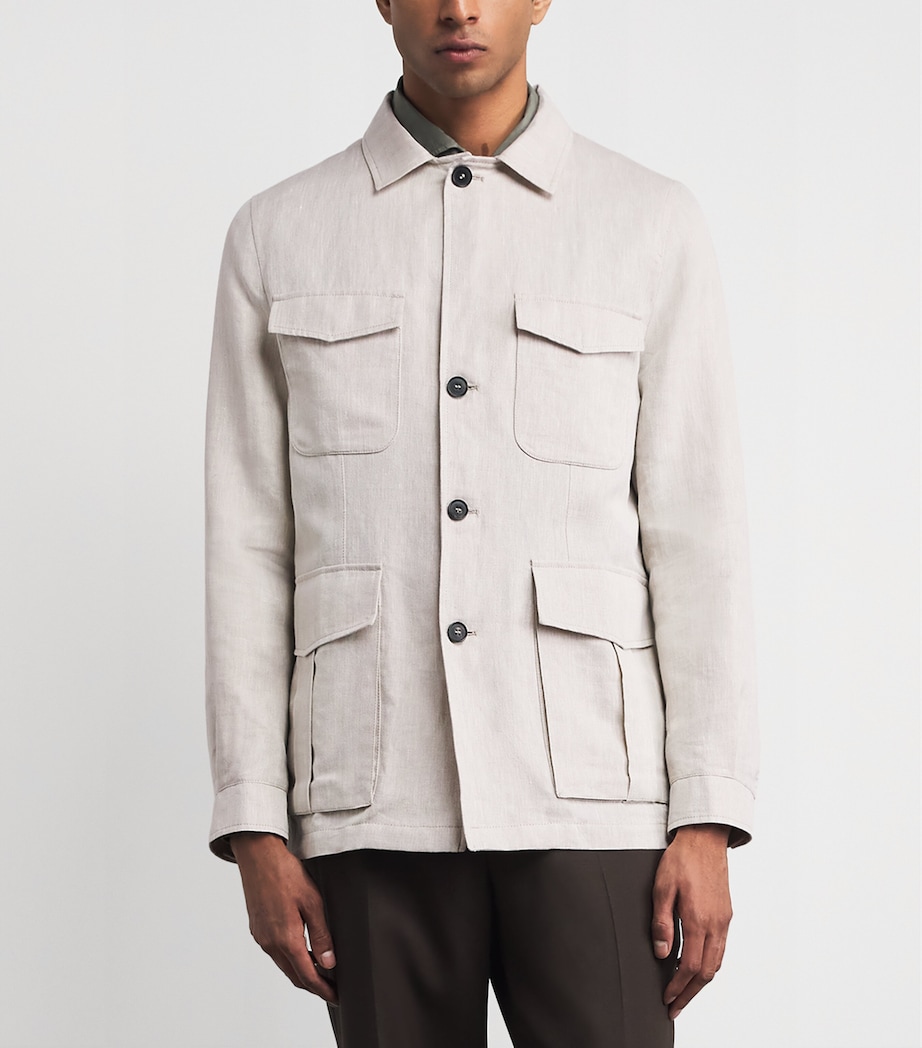N.Peal Mens Linen-Cotton Herringbone Safari Jacket Chalk Image 4