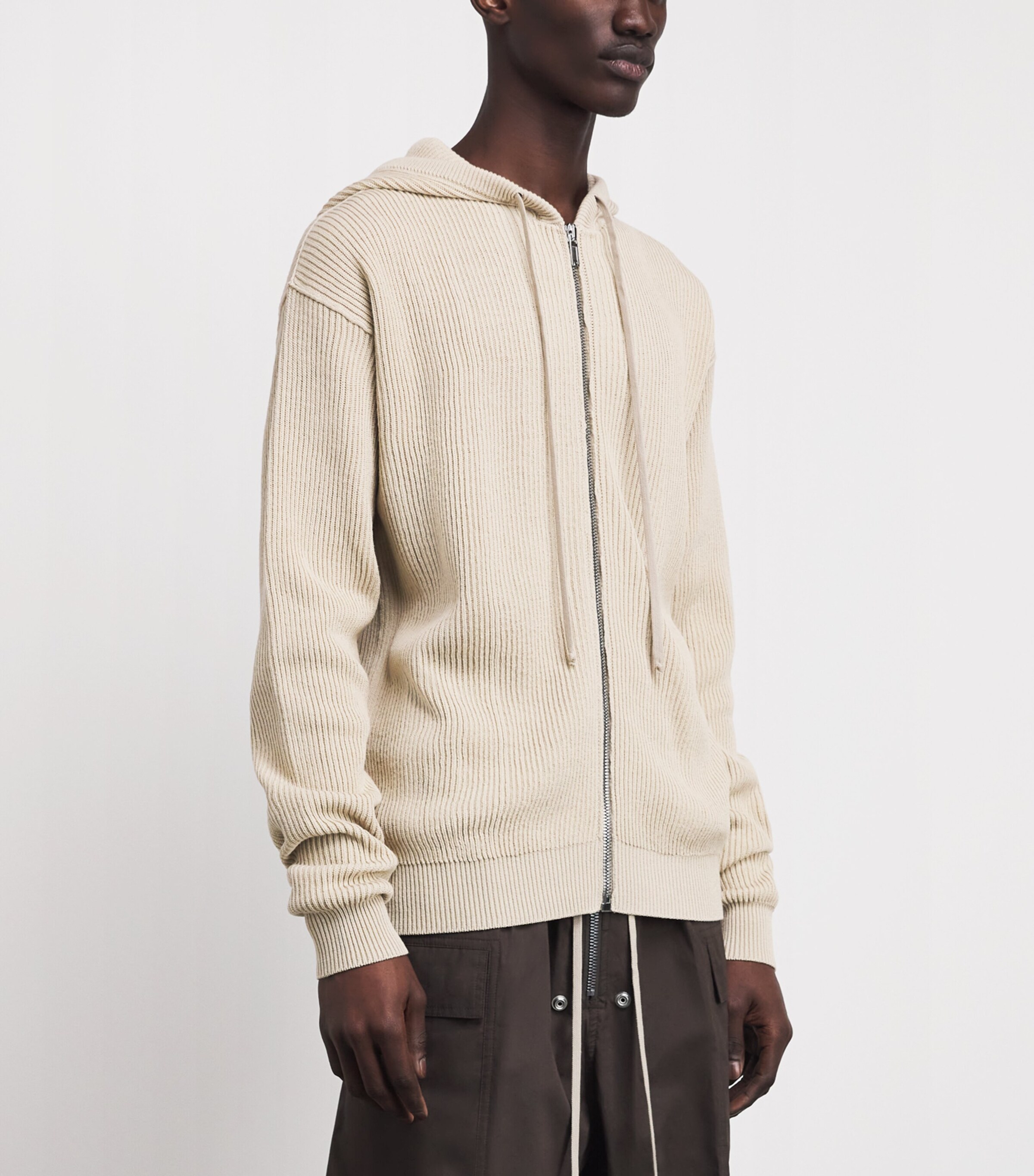 Rick Owens Mens Wool Ribbed Zip-Up Hoodie Sand/ Image 4