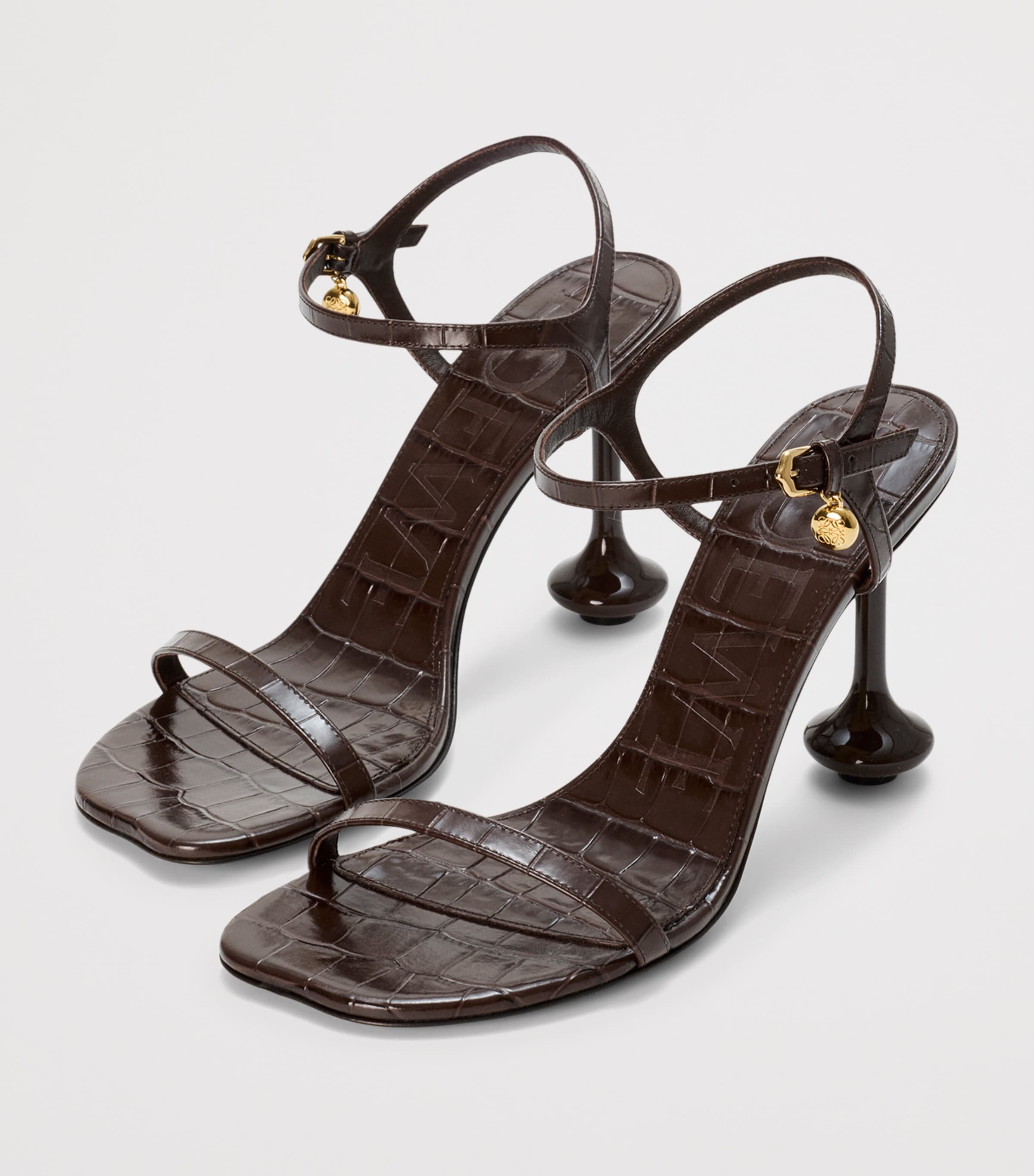 LOEWE Leather Croc-Effect Toy Heeled Sandals 90 Dark Brown Image 2