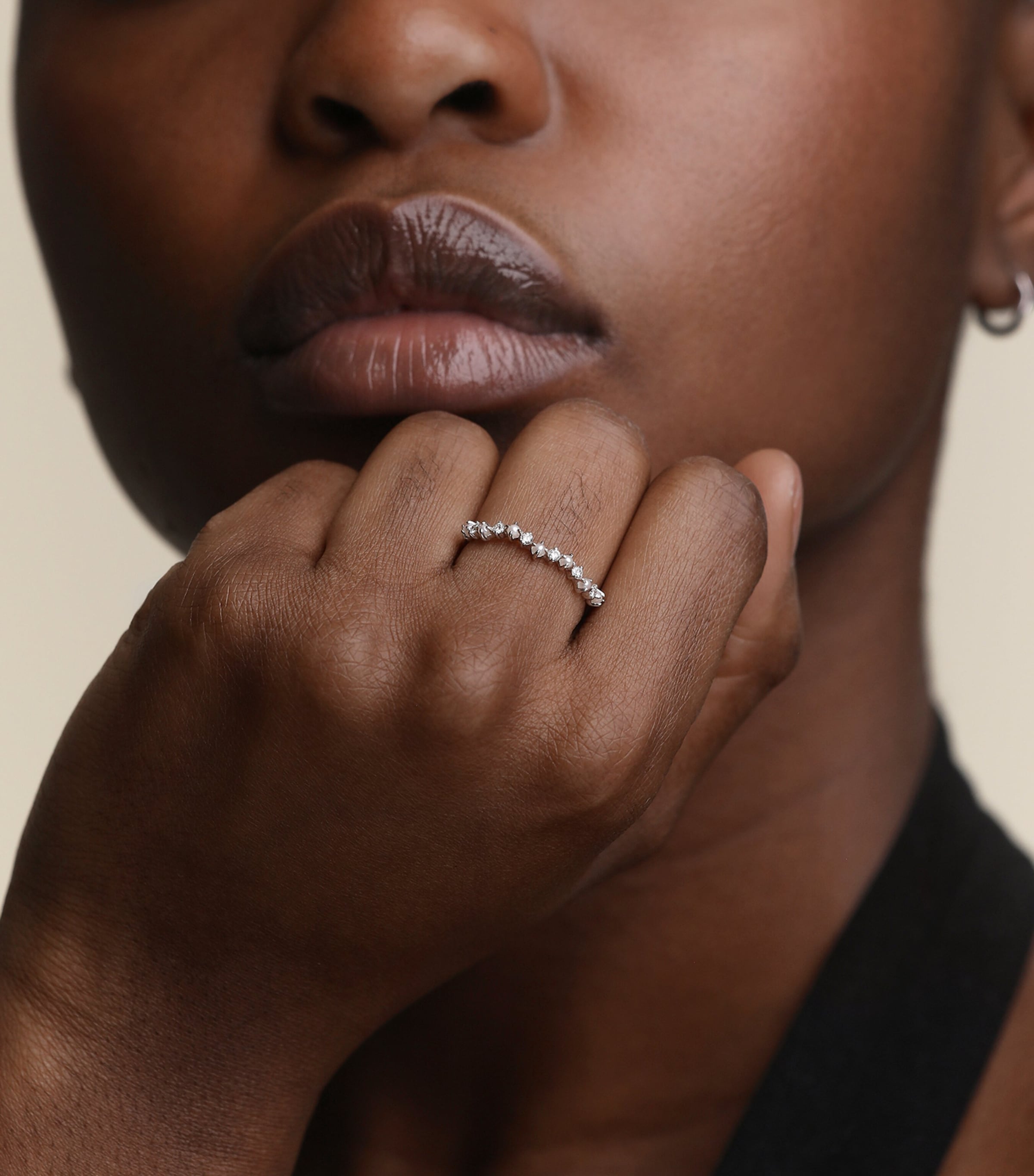 Astrid & Miyu White Gold, Diamond and Pearl Wave Ring White Gold Image 2