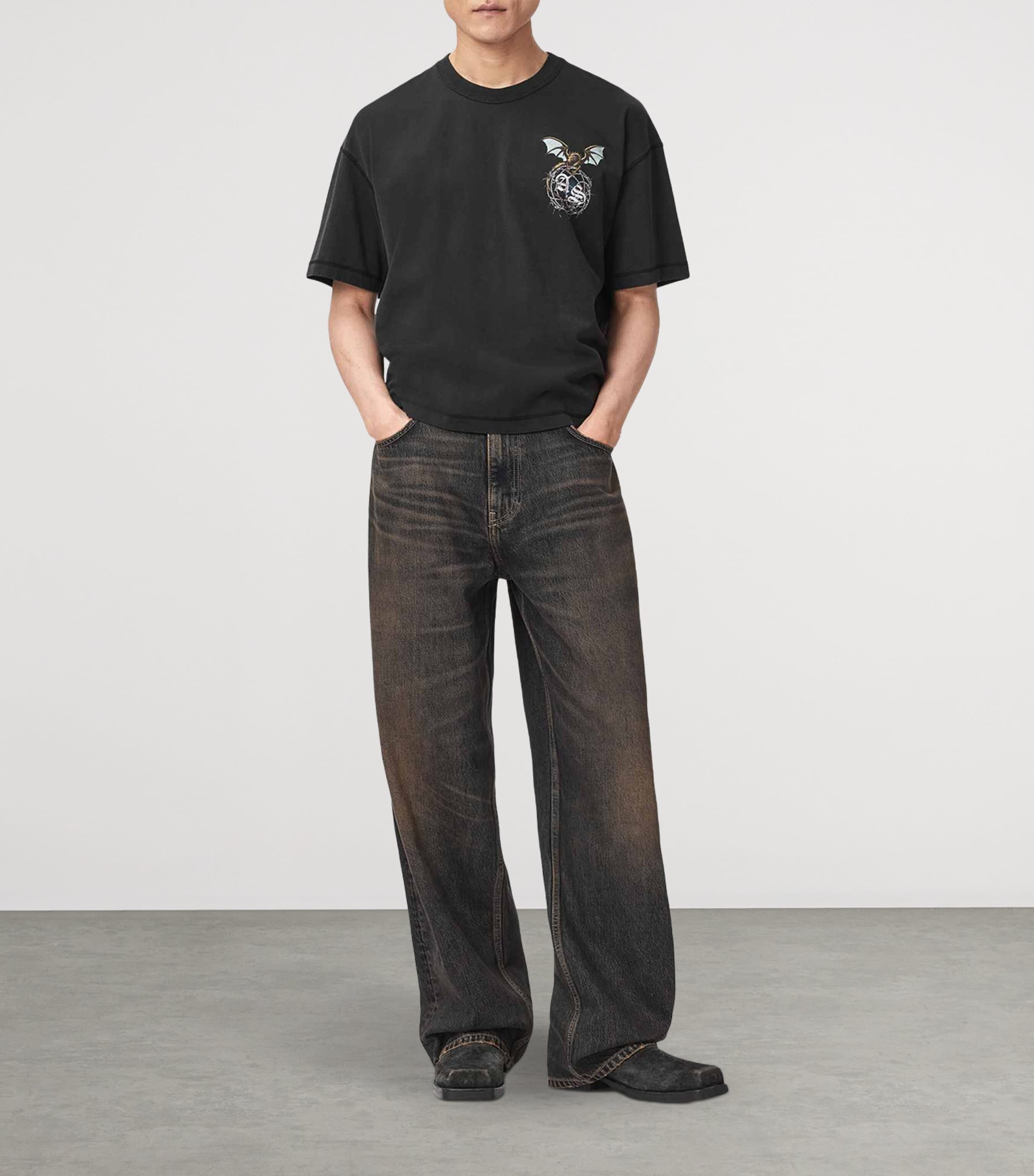 AllSaints Mens Organic Cotton Wyvern T-Shirt Washed Black Image 2