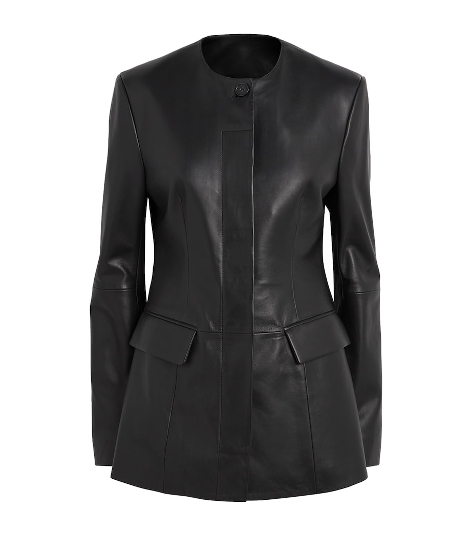 Collarless Leather Jacket 001 BLACK Image 1