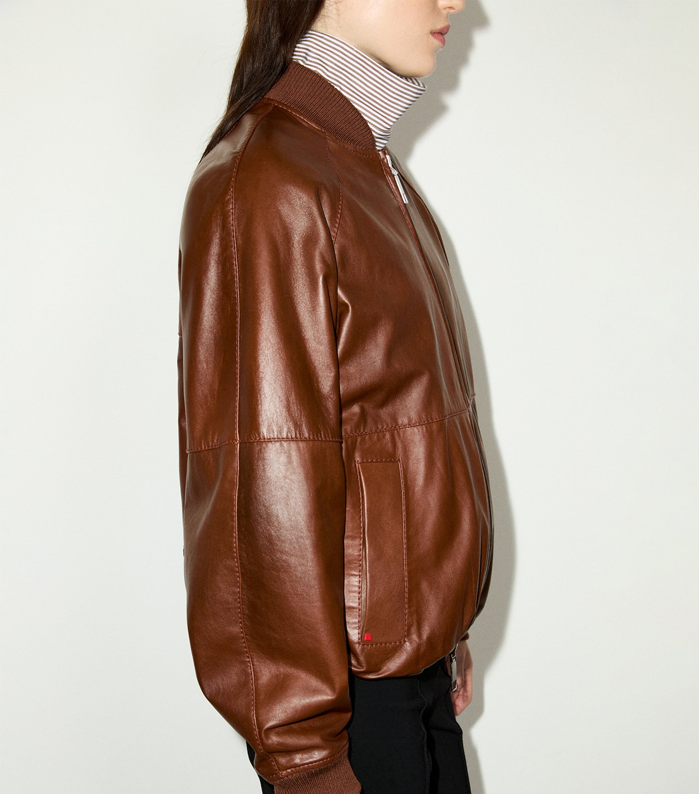MAX&Co. Womens Leather Bomber Jacket Cognac Image 4