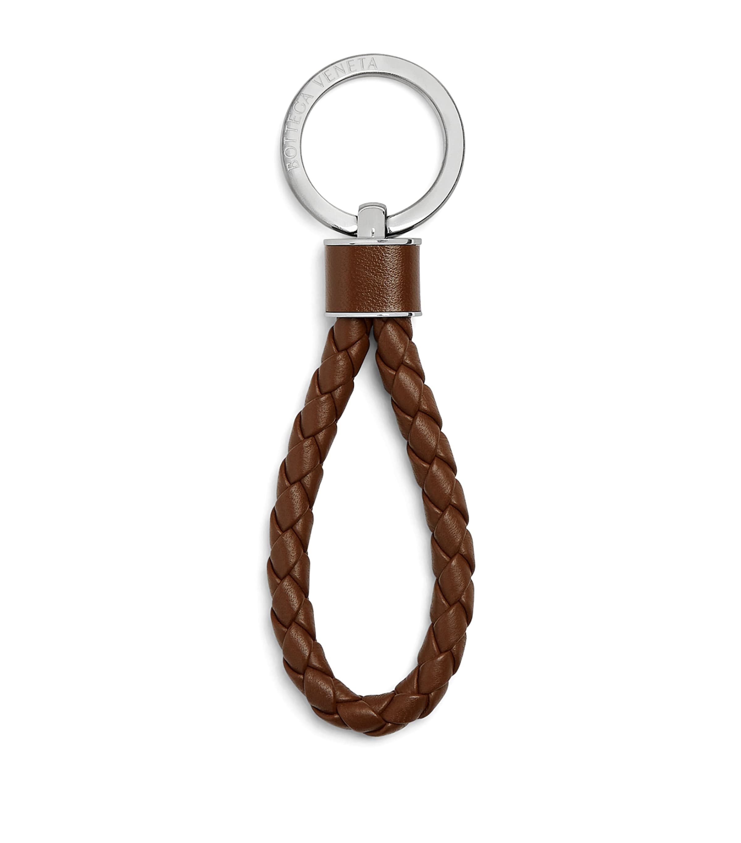 Bottega Veneta Leather Intreccio Keyring In Gray