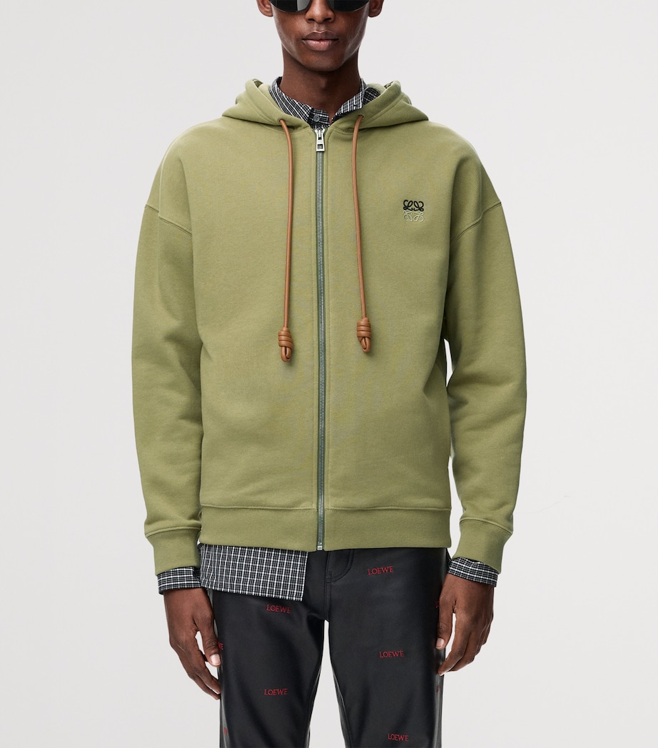 LOEWE Mens Cotton-Blend Anagram Hoodie Khaki Green Image 3