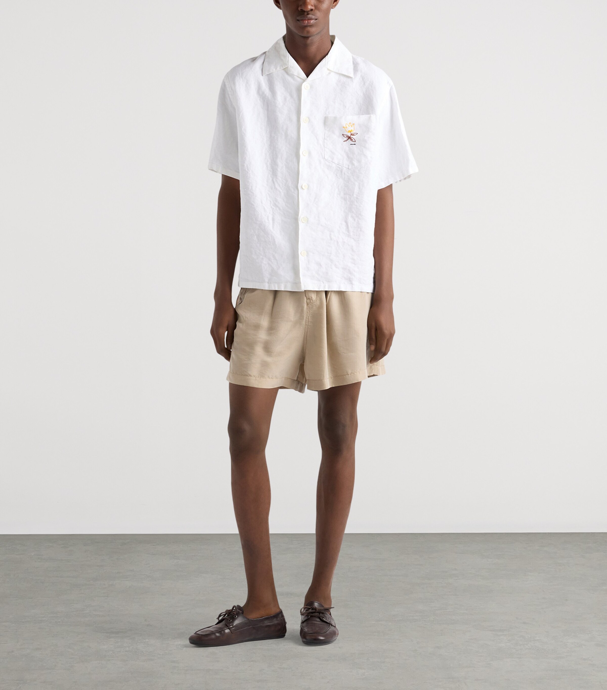 Prada Mens Linen Embroidered Oversized Bowling Shirt White Image 2