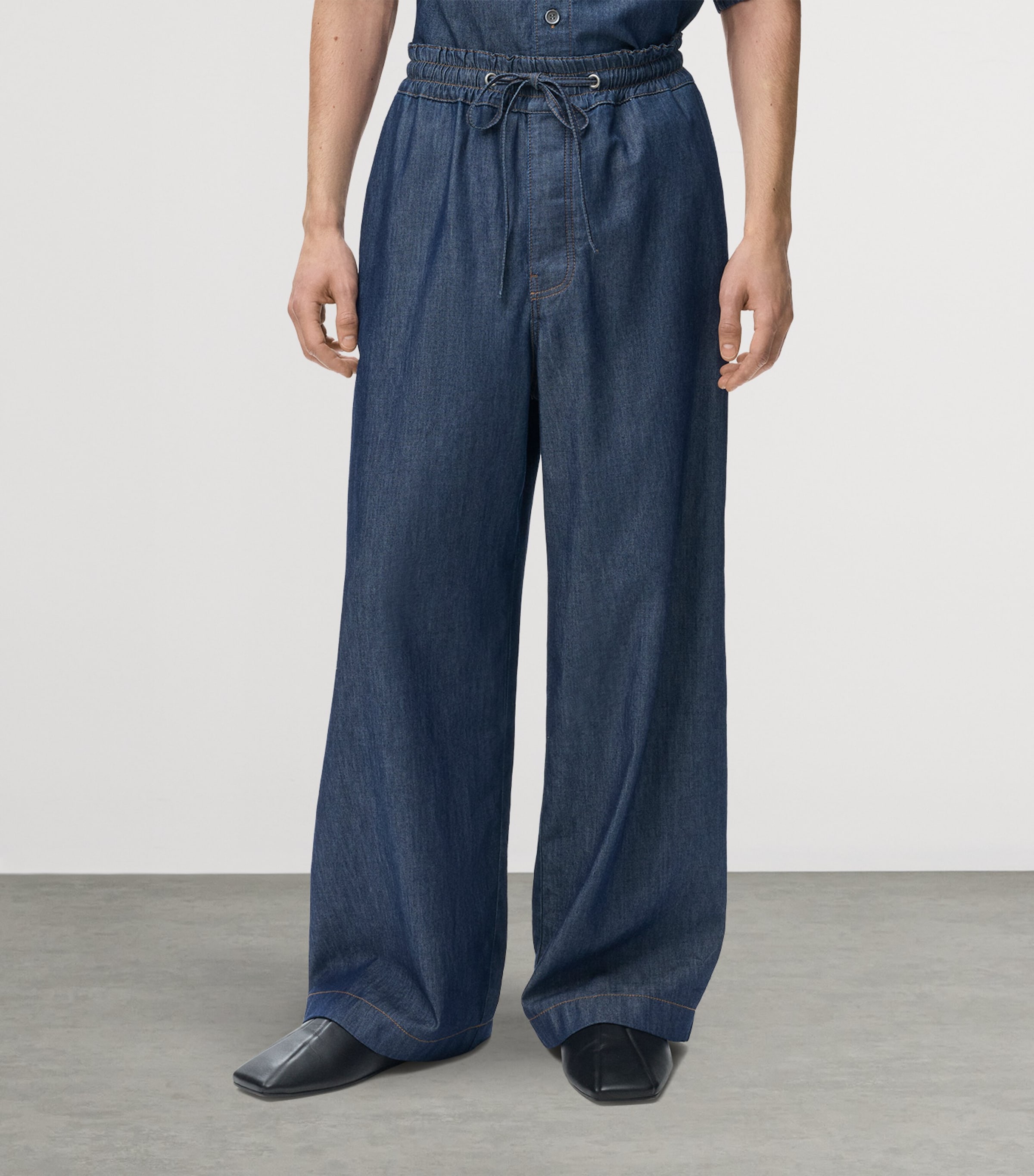 LOEWE Mens Chambray Drawstring Wide-Leg Trousers Denim Blue Image 3