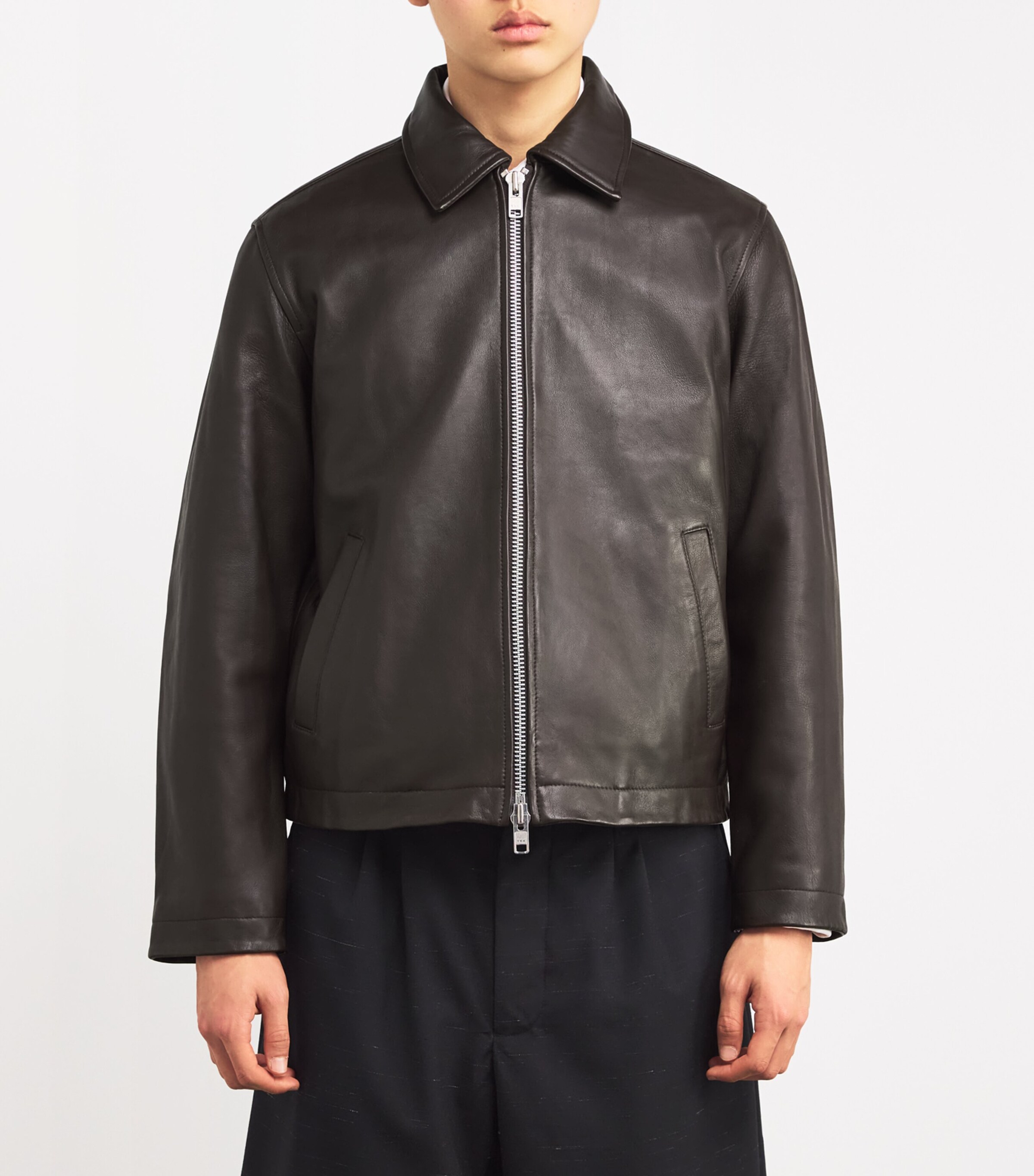 Zip-Up Leather Jacket BROWN Image 3