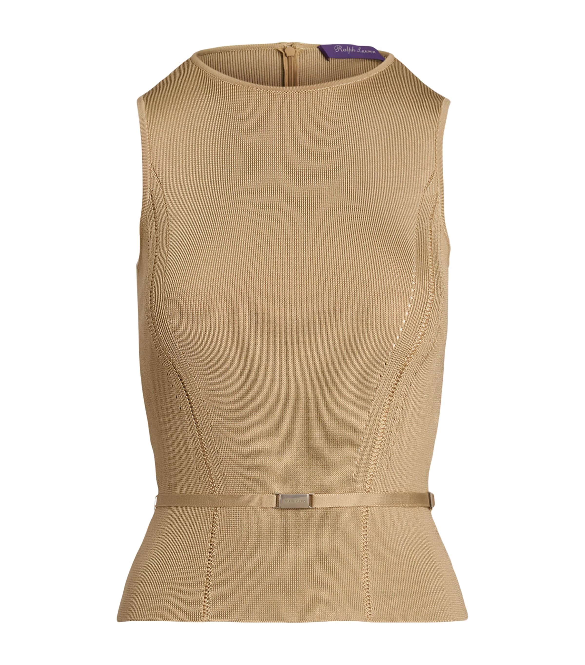 Polo Ralph Lauren Belted Stretch Silk Sleeveless Sweater In Beige
