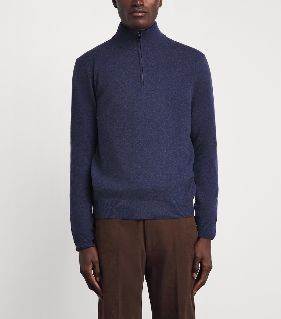 Corneliani Mens Virgin Wool-Cashmere Quarter-Zip Sweater Blue Image 4