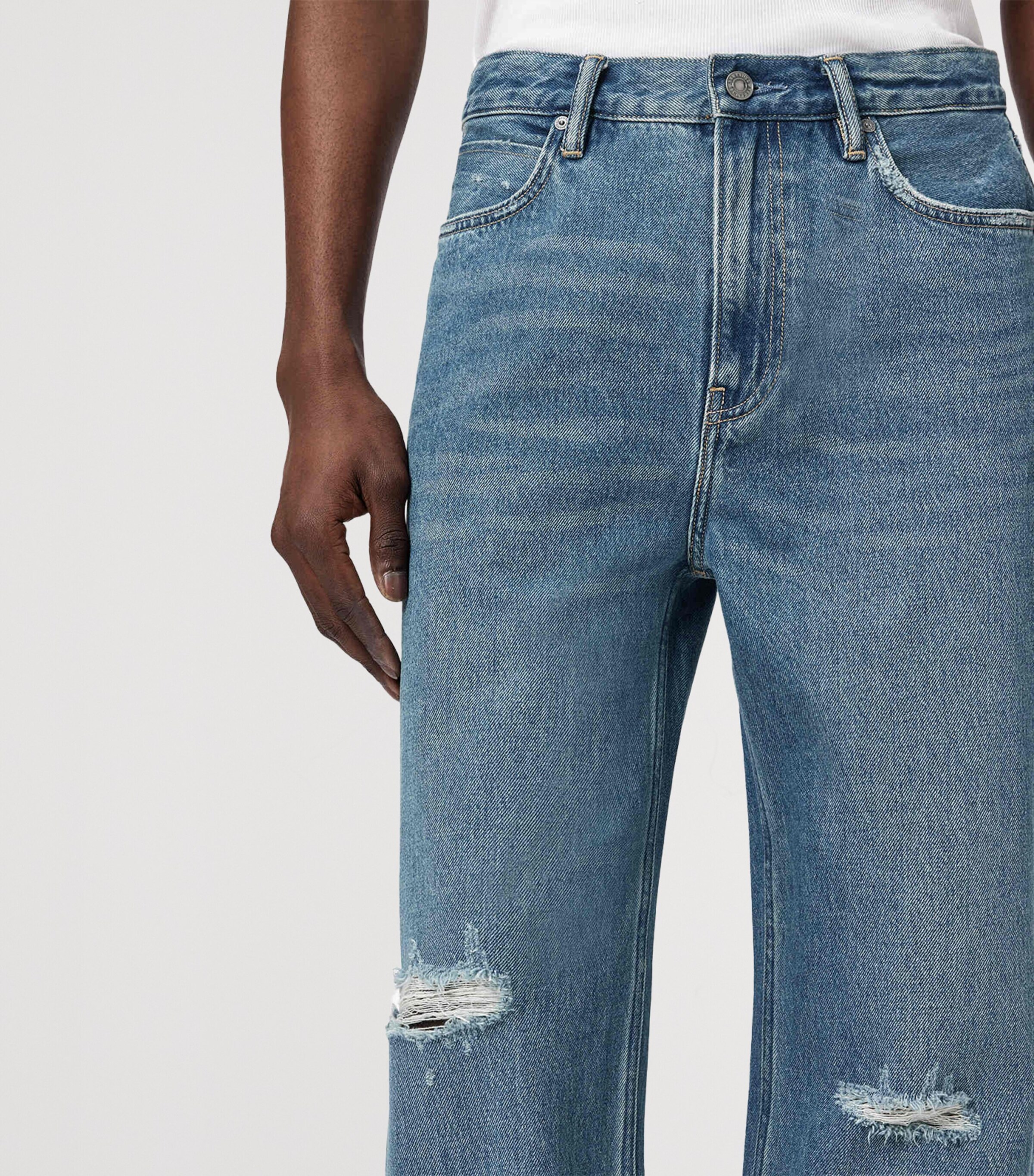 AllSaints Mens Distressed Lenny Straight Jeans Destroy Mid Indigo Image 5