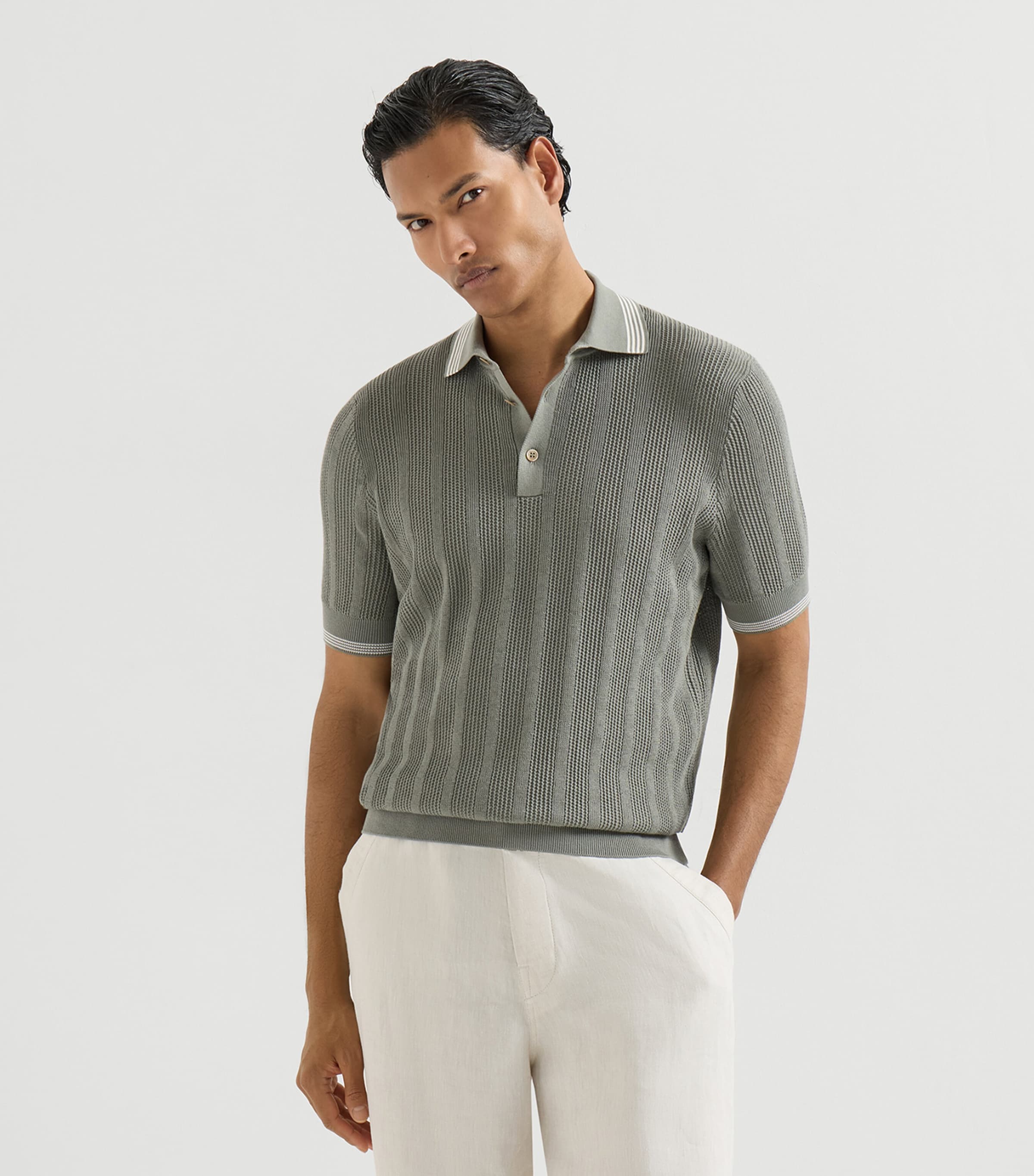 Brunello Cucinelli Mens Cotton Rib-Knit Polo Shirt Image 2