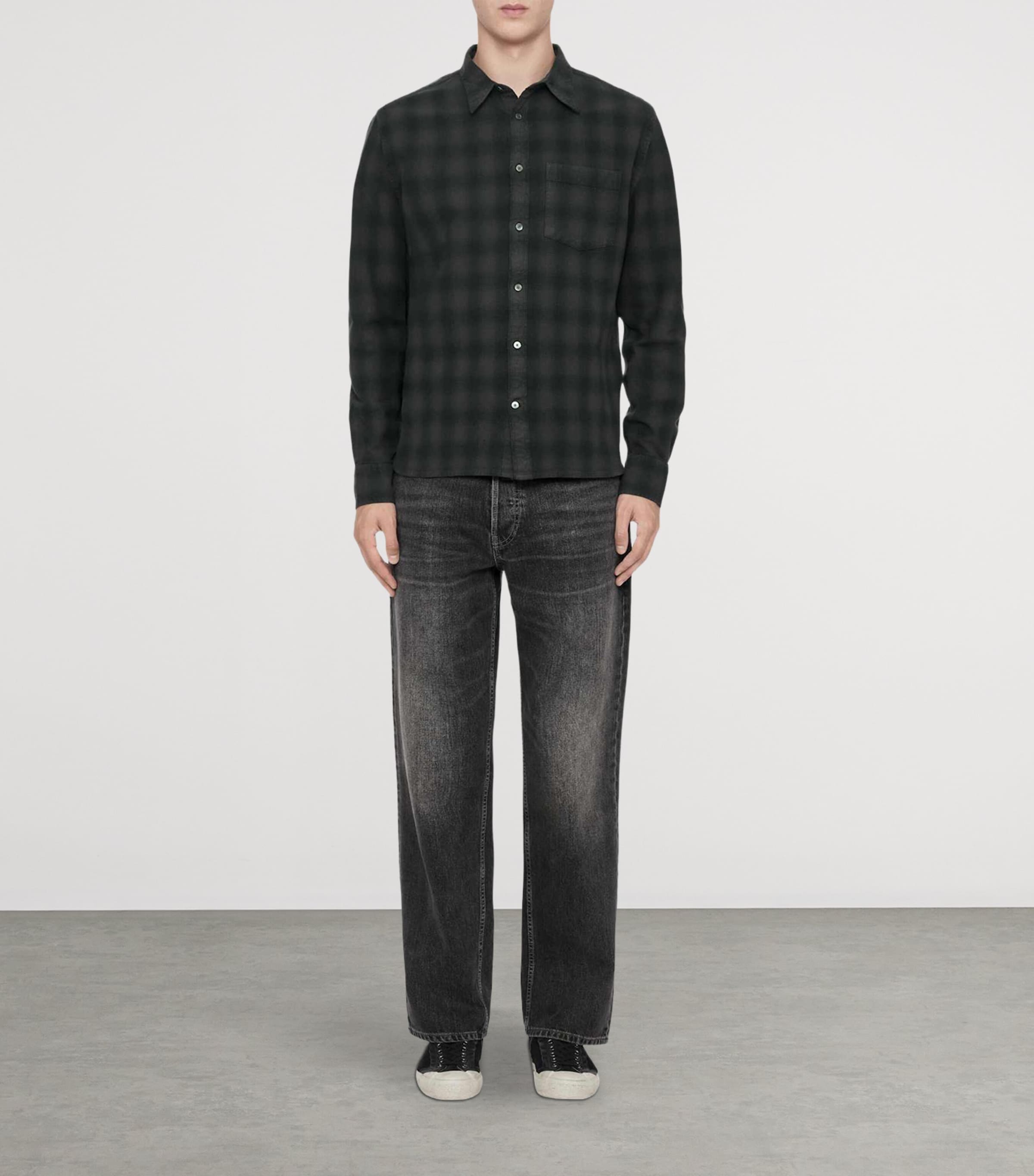 AllSaints Mens Organic Cotton Check Bower Shirt Anthracite Black Image 2