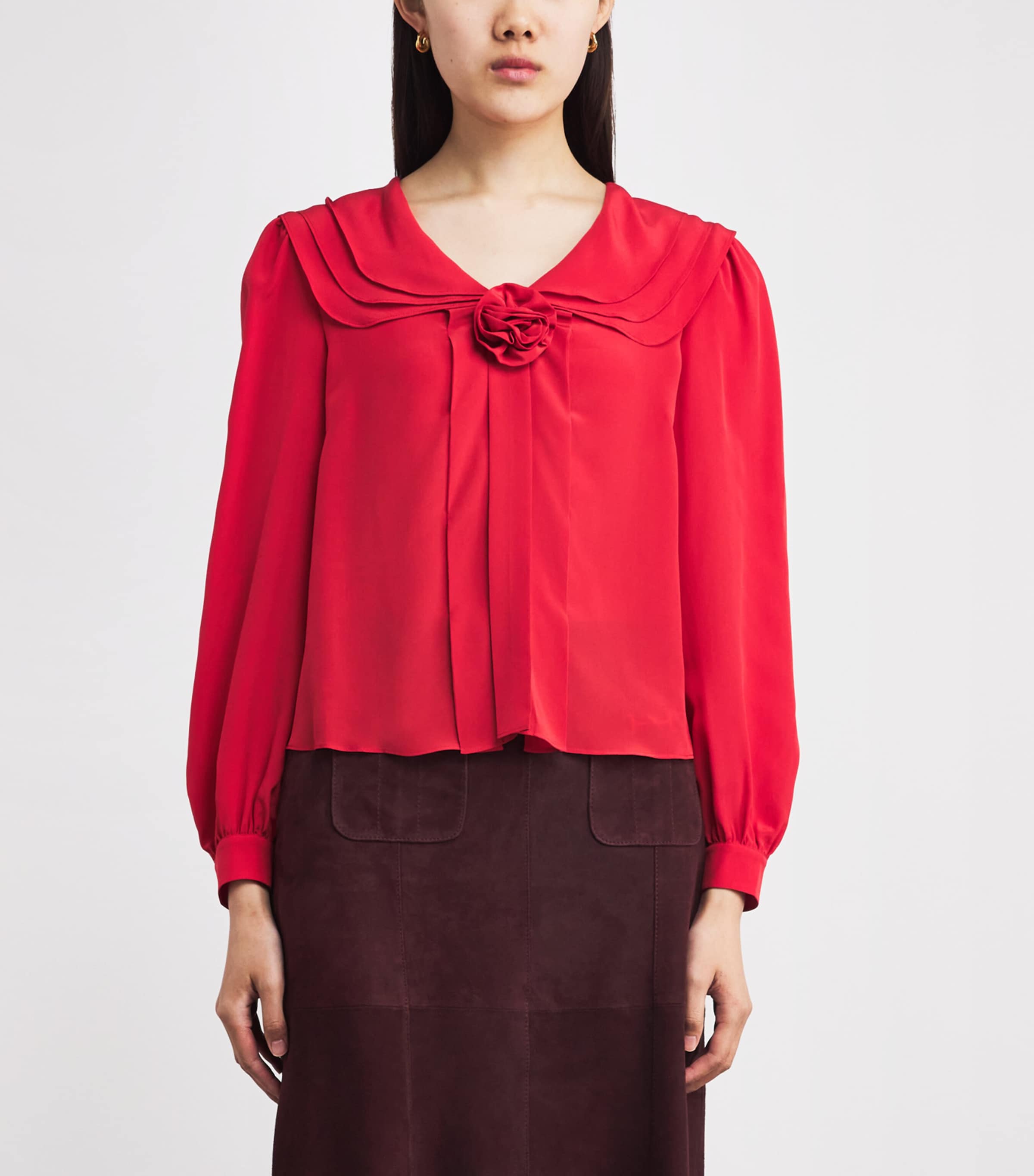 Silk Floral-Appliqué Blouse TOMATO RED Image 3