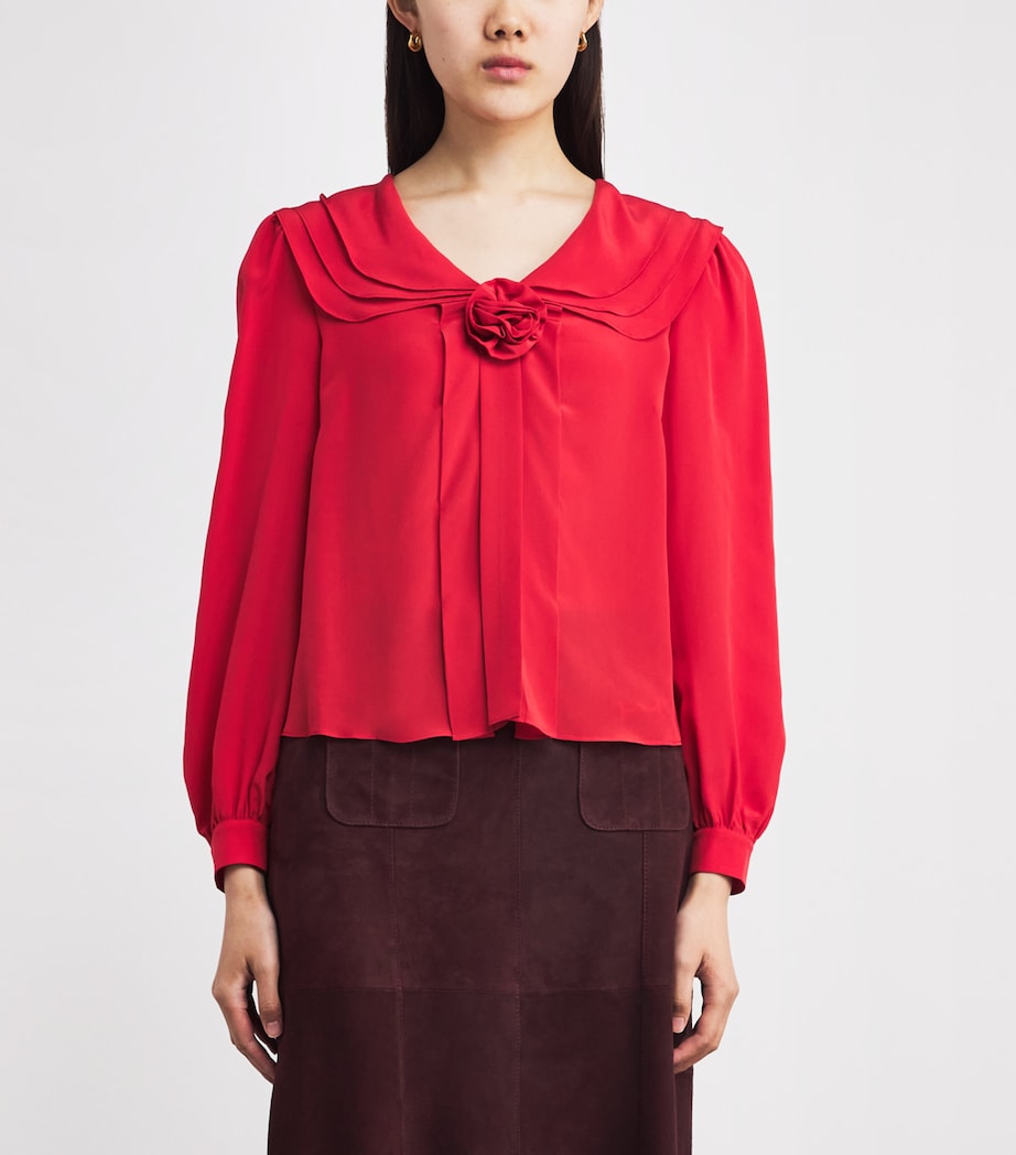 Silk Floral-Appliqué Blouse TOMATO RED Image 3