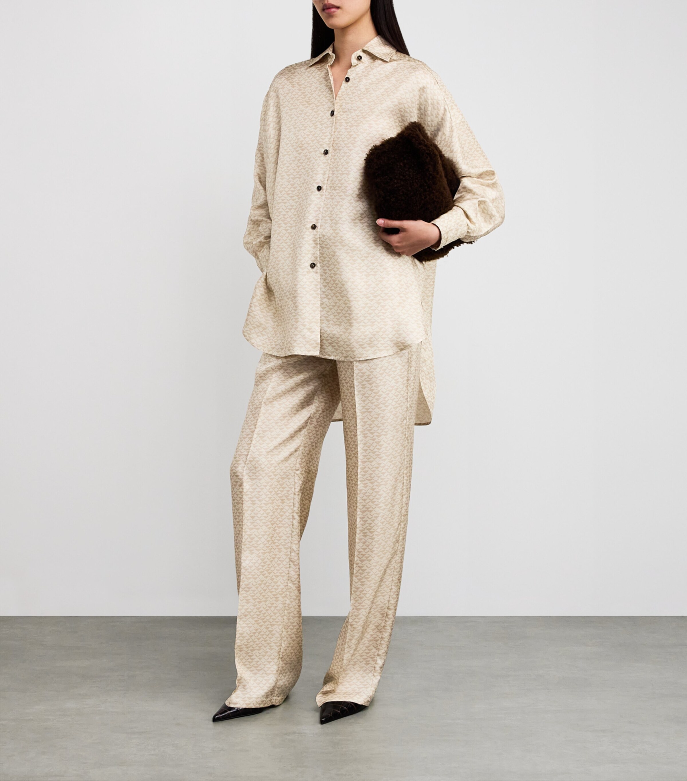 Kiton Womens Silk Printed Wide-Leg Trousers Cream White/beige Image 2