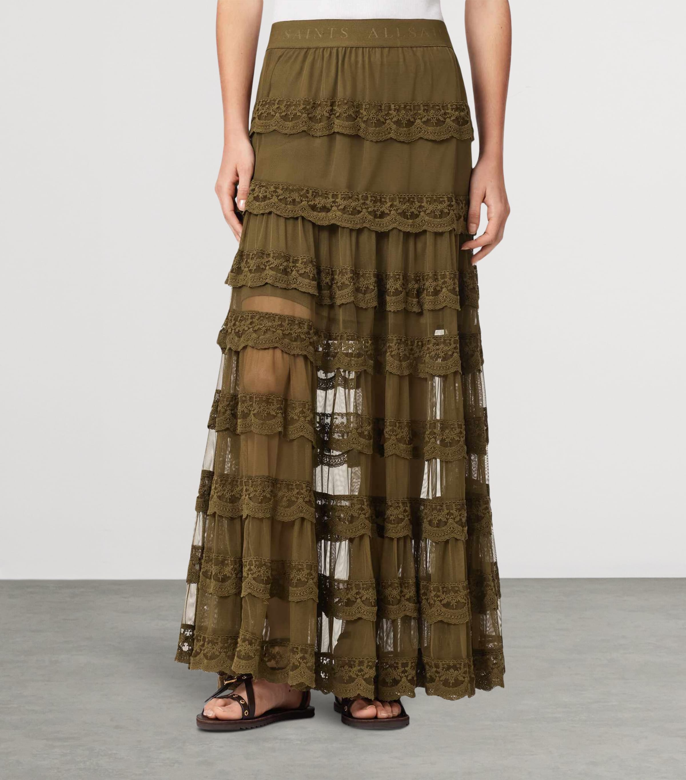 AllSaints Womens Lace Tiered Maggie Maxi Skirt Olive Khaki Green Image 3
