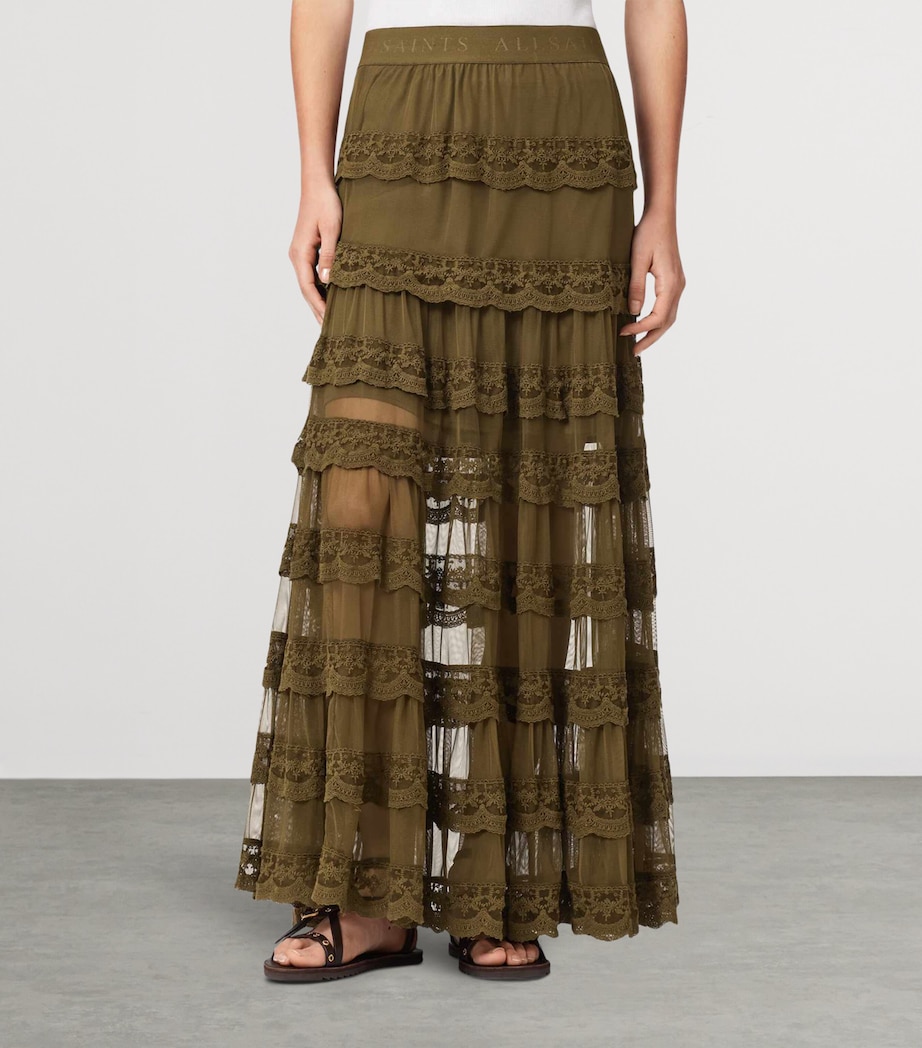 AllSaints Womens Lace Tiered Maggie Maxi Skirt Olive Khaki Green Image 3